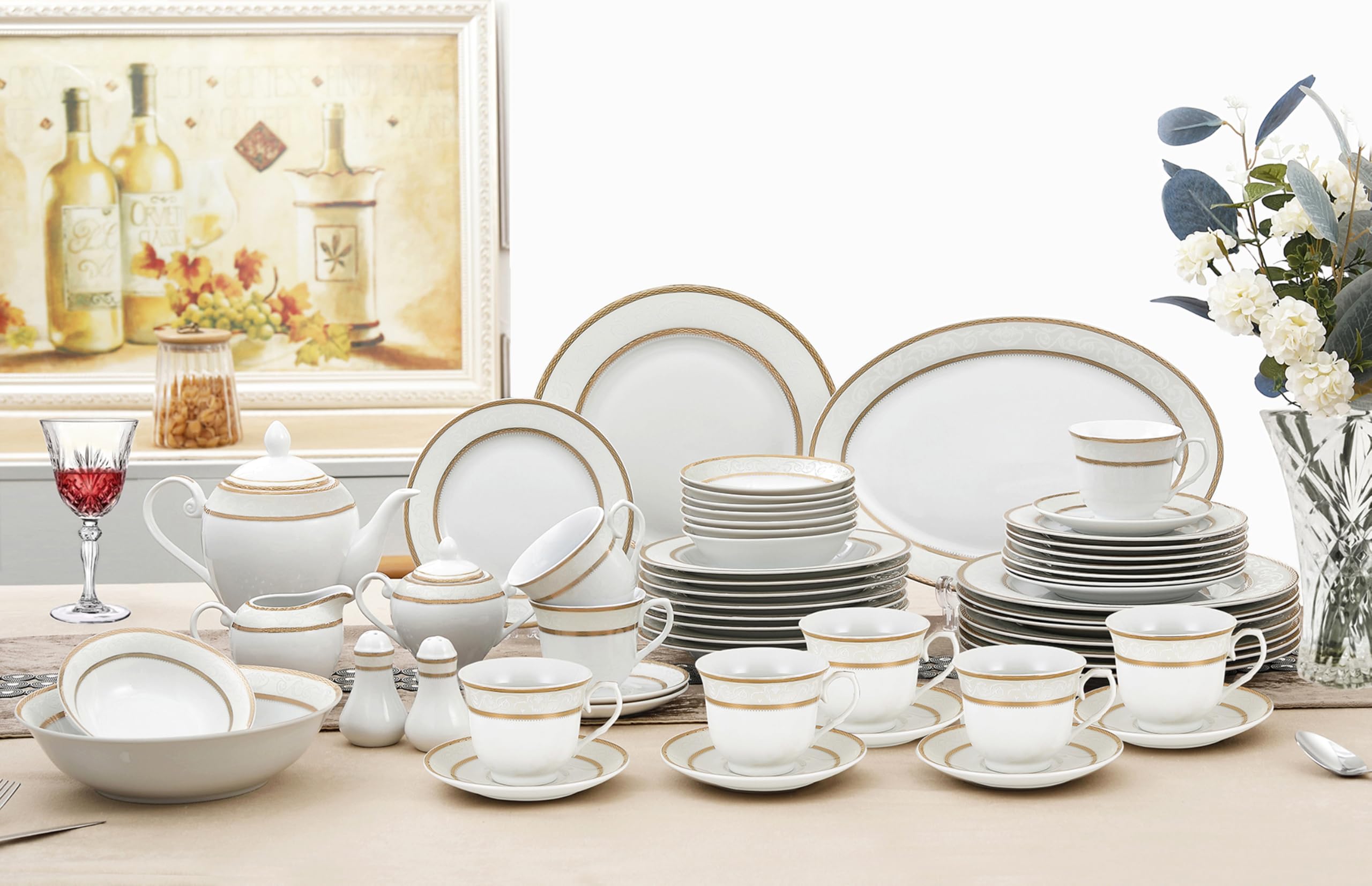 Lorenzo Amelia 57-Piece Dinnerware Set - Service for 8 - Porcelain Dish Set for Formal Dining, Entertaining & Everyday Use - Elegant Tableware for Restaurants, Weddings & Family Gatherings