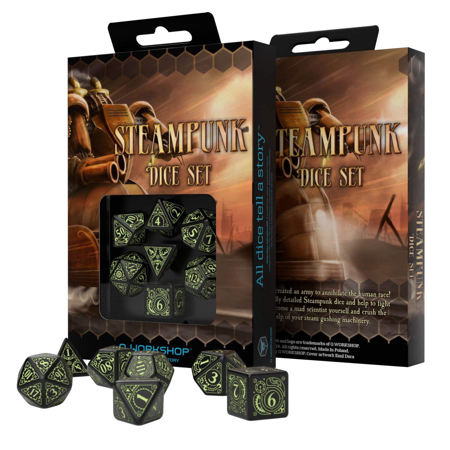 Q-Workshop Steampunk Black & Glow-in-The-Dark Dice Set (7 Pieces) - Perfect for RPG, D&D, Tabletop Gaming & Collectors