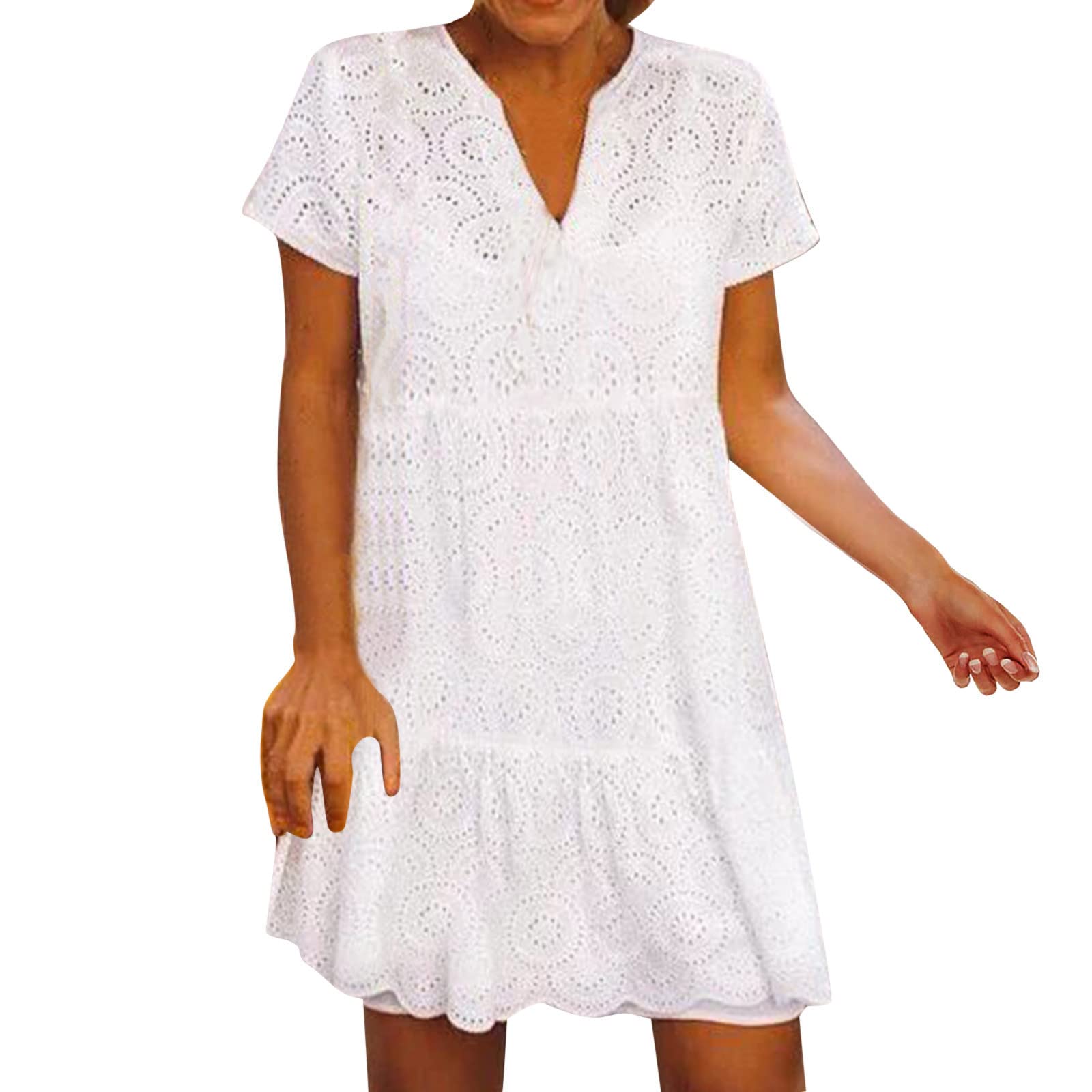Elegant Lace Midi Dress for Women - Wedding Guest Dress with Short Sleeves & V-Neck - Perfect for Summer Weddings, Parties & Casual Outings