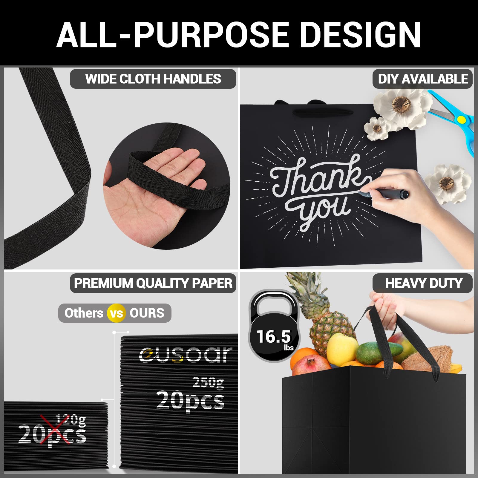 EUSOAR 10x10x10 Inches Black Paper Gift Bags with Handles - Pack of 20 | Eco-Friendly Business Packaging, DIY Craft, Wedding Favor & Party Decoration Bags | Perfect for Retail, Events and Holiday Gift Wrapping