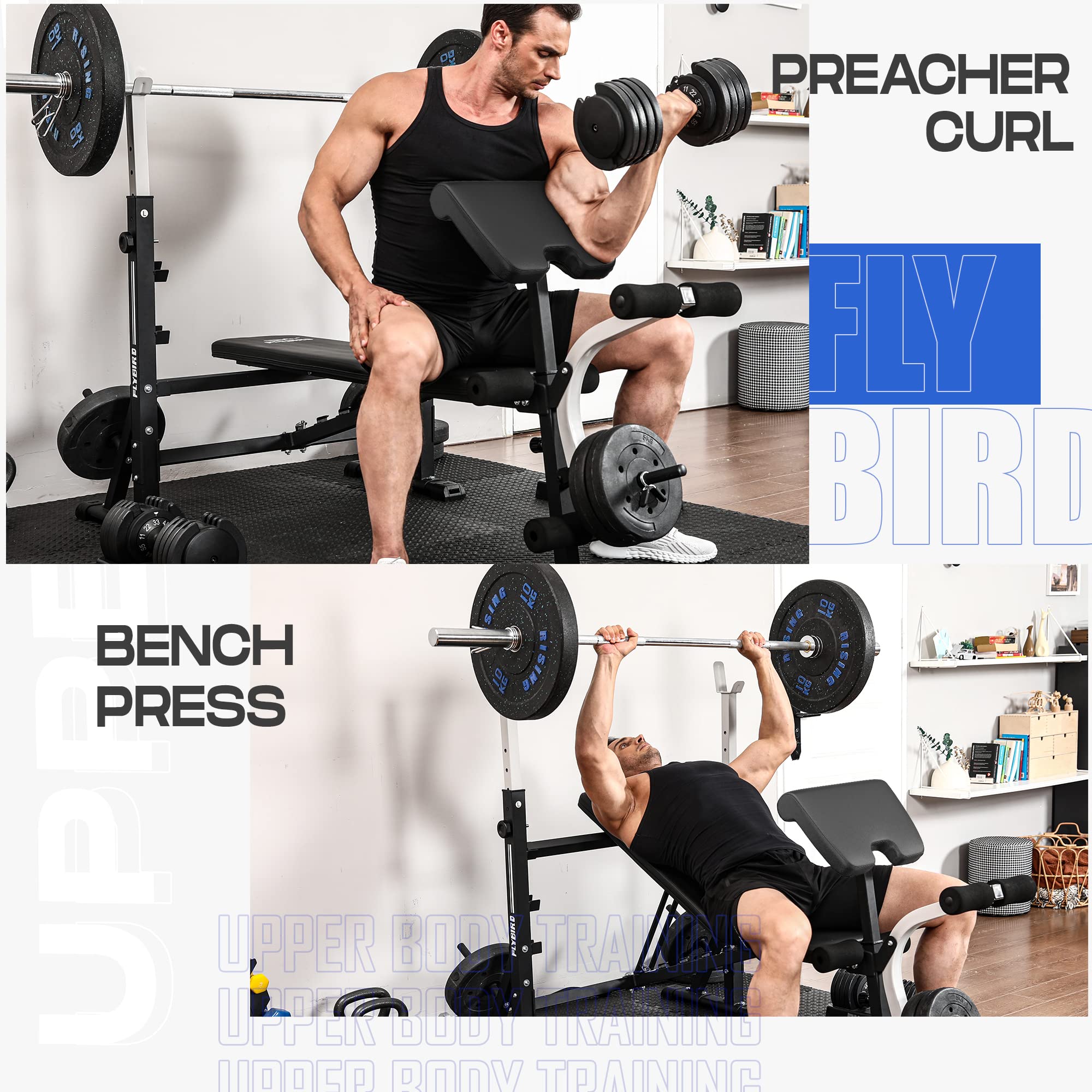FLYBIRD Adjustable Weight Bench for Home Gym - Strength Training Bench Press Set with Preacher Curl Pad & Leg Developer - Perfect for Full Body Workouts, Strength Building & Home Fitness Training