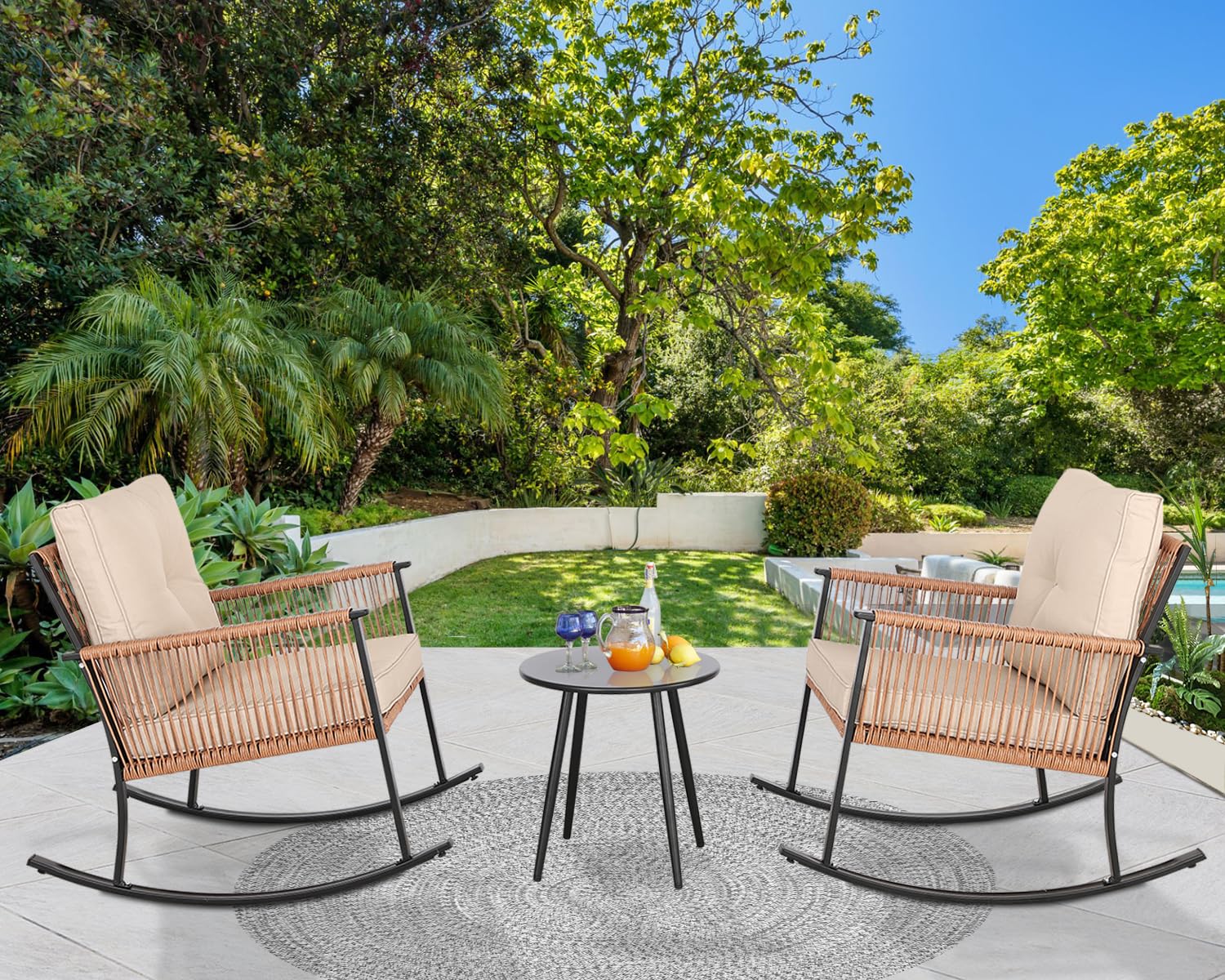 3-Piece Rocking Bistro Set - Oversized Rattan Patio Furniture with Thick Cushions & Coffee Table - Outdoor Conversation Set for Garden, Balcony, Backyard (Tan-Beige) - Perfect for Relaxing, Entertaining & Enjoying Morning Coffee in Your Outdoor Space
