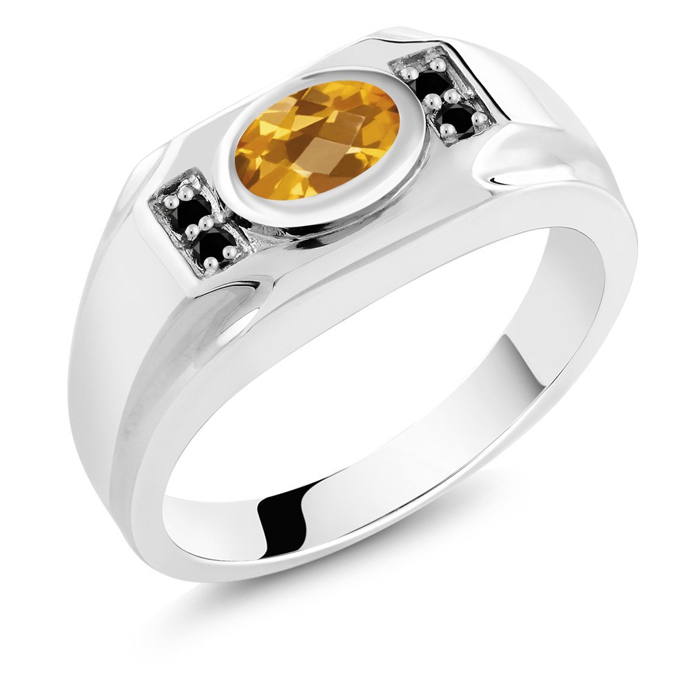 1.38 Ct Oval Checkerboard Yellow Citrine & Black Diamond 925 Sterling Silver Men's Ring for Wedding, Engagement & Gift | Gem Stone King