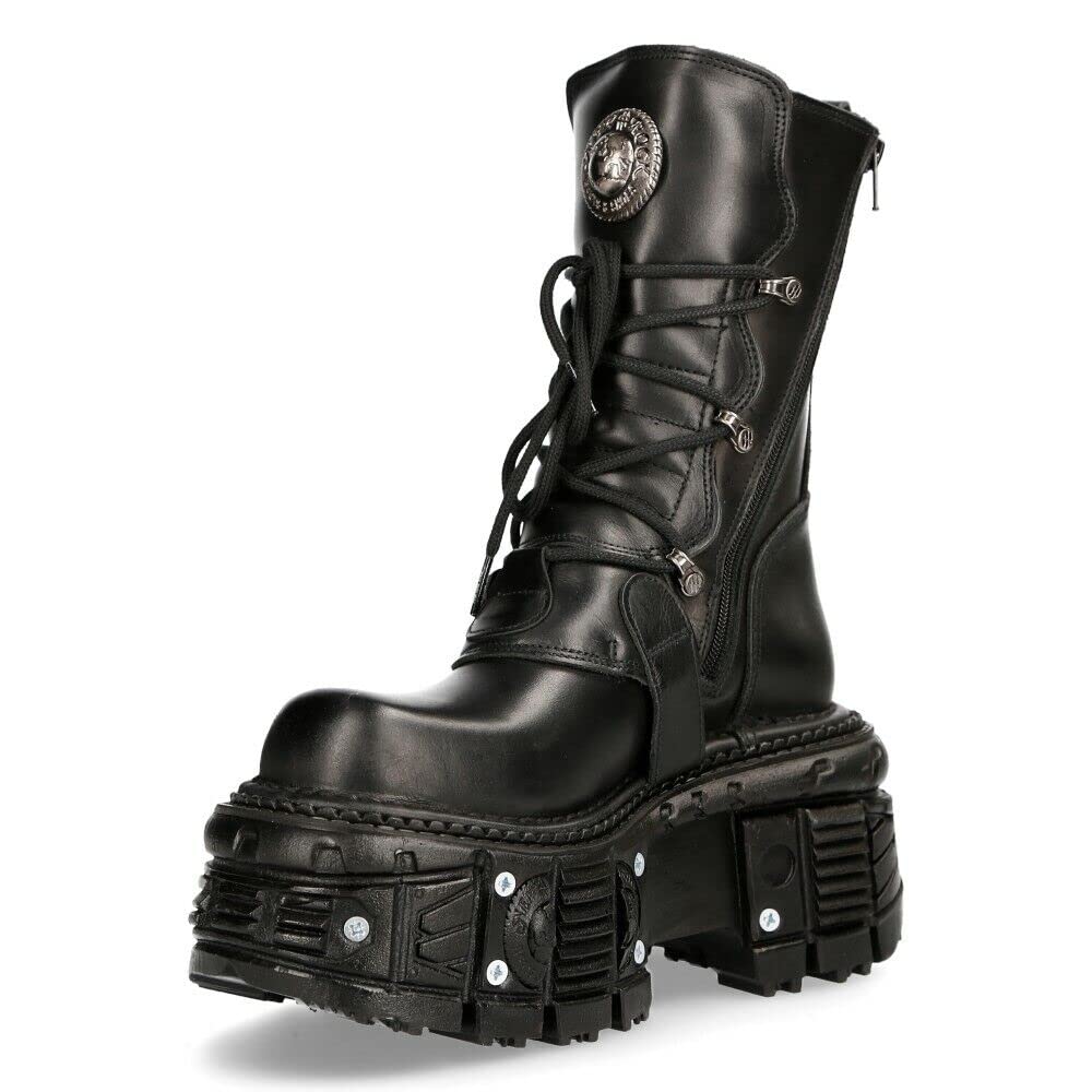 New Rock TANK373-S1 Black Leather Women's Combat Boots - Platform Biker Goth Metal Shoes for Motorcycle Riding, Concerts & Alternative Fashion