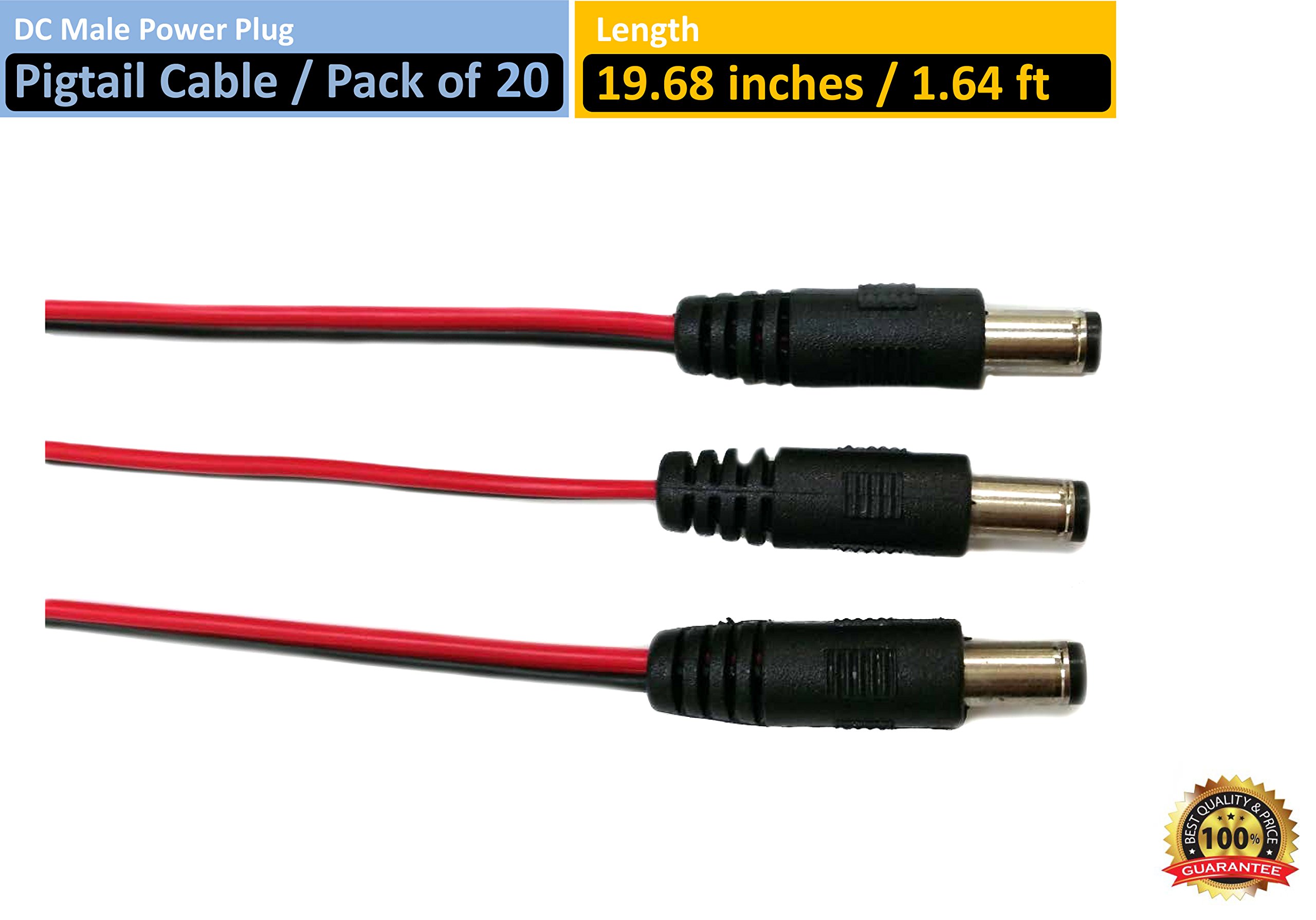 DC Power Adapter Plug Pigtail Cable - 20 Pack (19.68 Inch Male Connector) for Electronics, CCTV Cameras & Home Appliances | Reliable Power Supply Solution