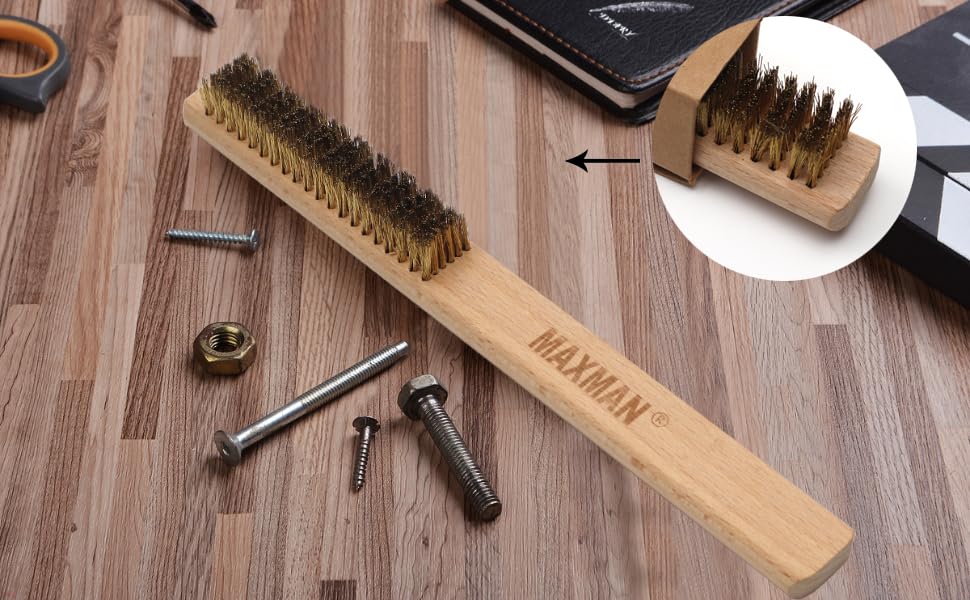 MAXMAN Copper Brass Brush with Soft Bristles – 10 Inch Natural Beechwood Handle for Rust Removal, Metal Surface Cleaning & Texturing – Heavy Duty Wire Brush for DIY, Automotive, Welding & Home Improvement Projects
