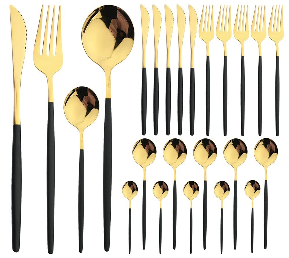 24-Piece Stainless Steel Silverware Flatware Set - Knife, Fork & Spoon Cutlery for Dining, Kitchen, Wedding & Special Occasions (Black Gold) - Elegant Tableware for Restaurants, Dinner Parties & Home Use