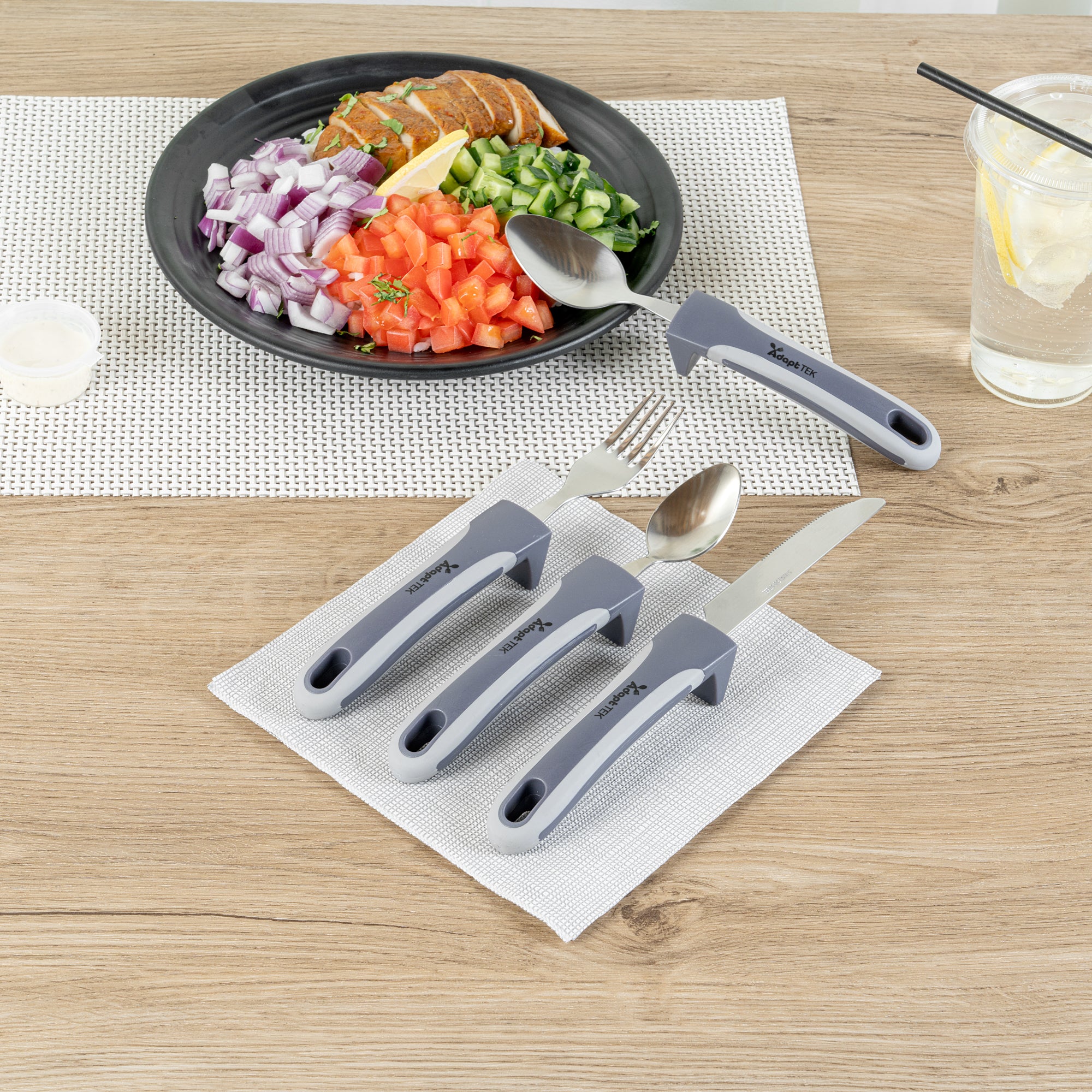 Adaptive Utensil Set - 4 Piece Stainless Steel Silverware with Non-Slip Grips for Seniors & Disabled | Lightweight Ergonomic Eating Aids for Arthritis & Hand Tremors | Perfect for Home Care, Nursing Homes & Travel Use