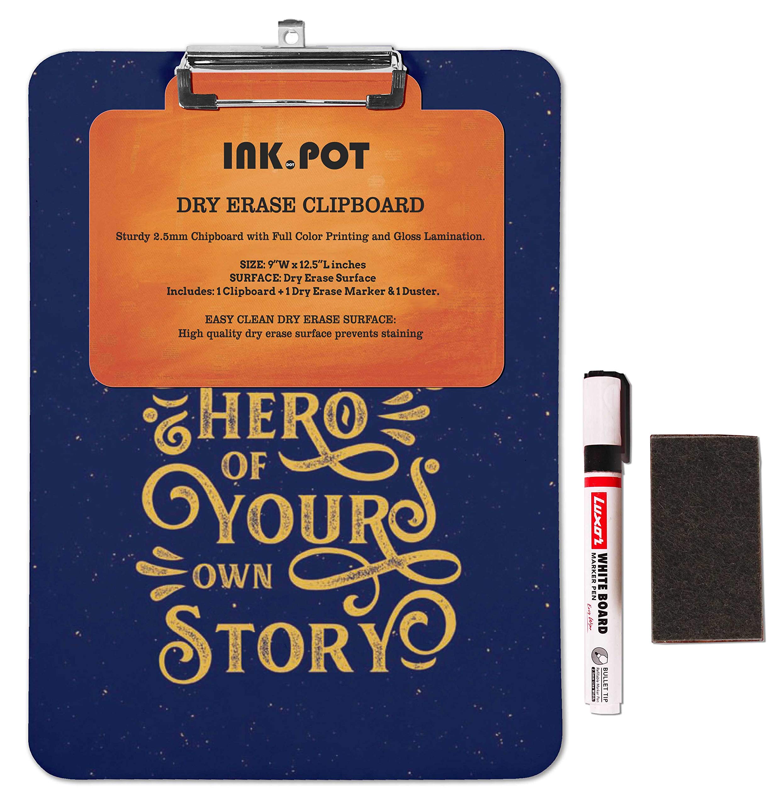 Double Sided Dry Erase Clipboard 9x15 - Letter Size with Free Marker & Duster for Office & School