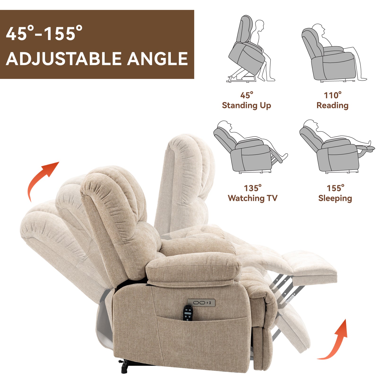 Extra Wide 23-Inch High Back Large Beige Chenille Power Lift Recliner Chair with 8-Point Vibration Massage & Lumbar Heating - Perfect for Living Room, Home Theater & Elderly Comfort