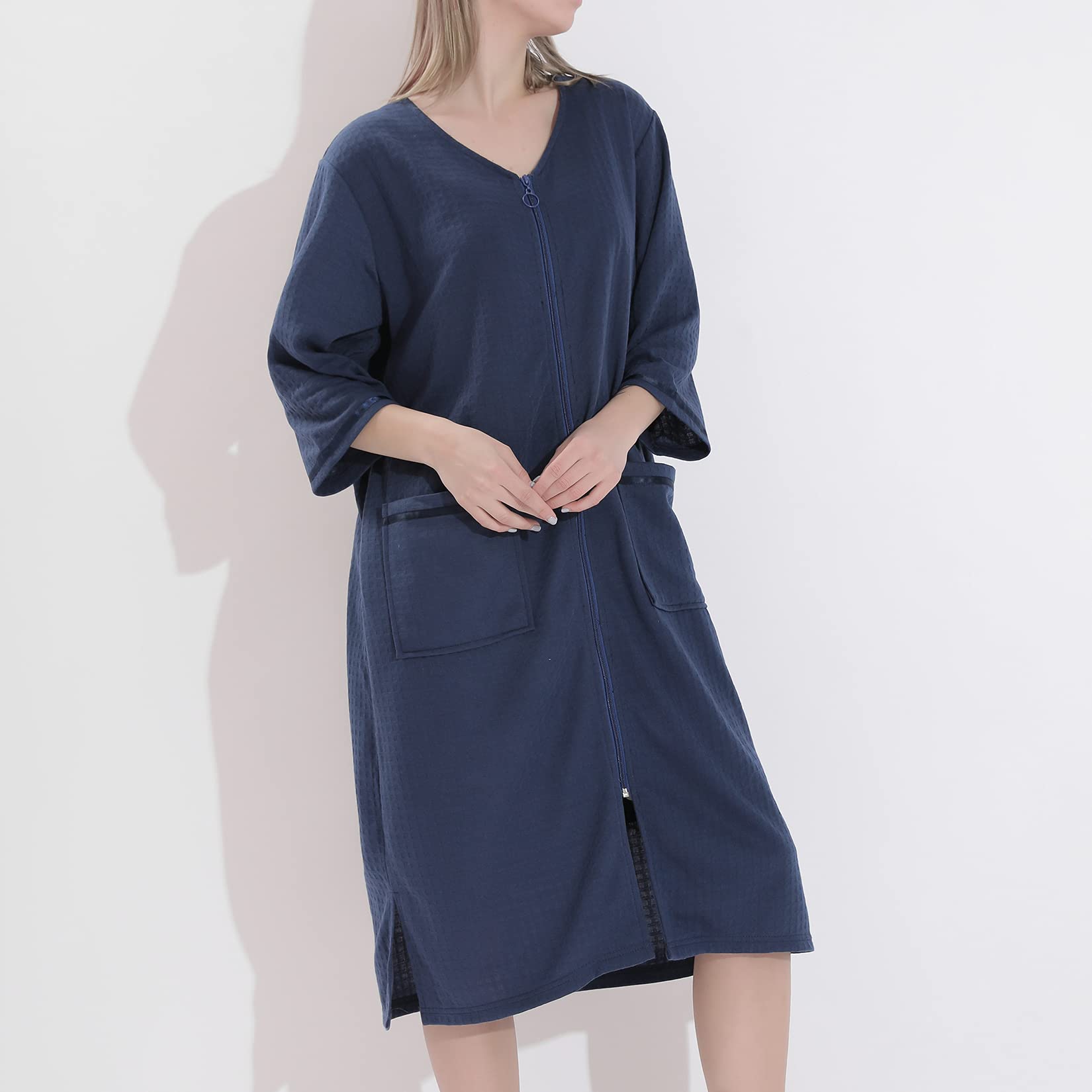Lu's Chic Women's Waffle Robe Duster - Lightweight Zip Up Bathrobe & Nightgown - Soft Housecoat for Lounge, Spa & Home Relaxation