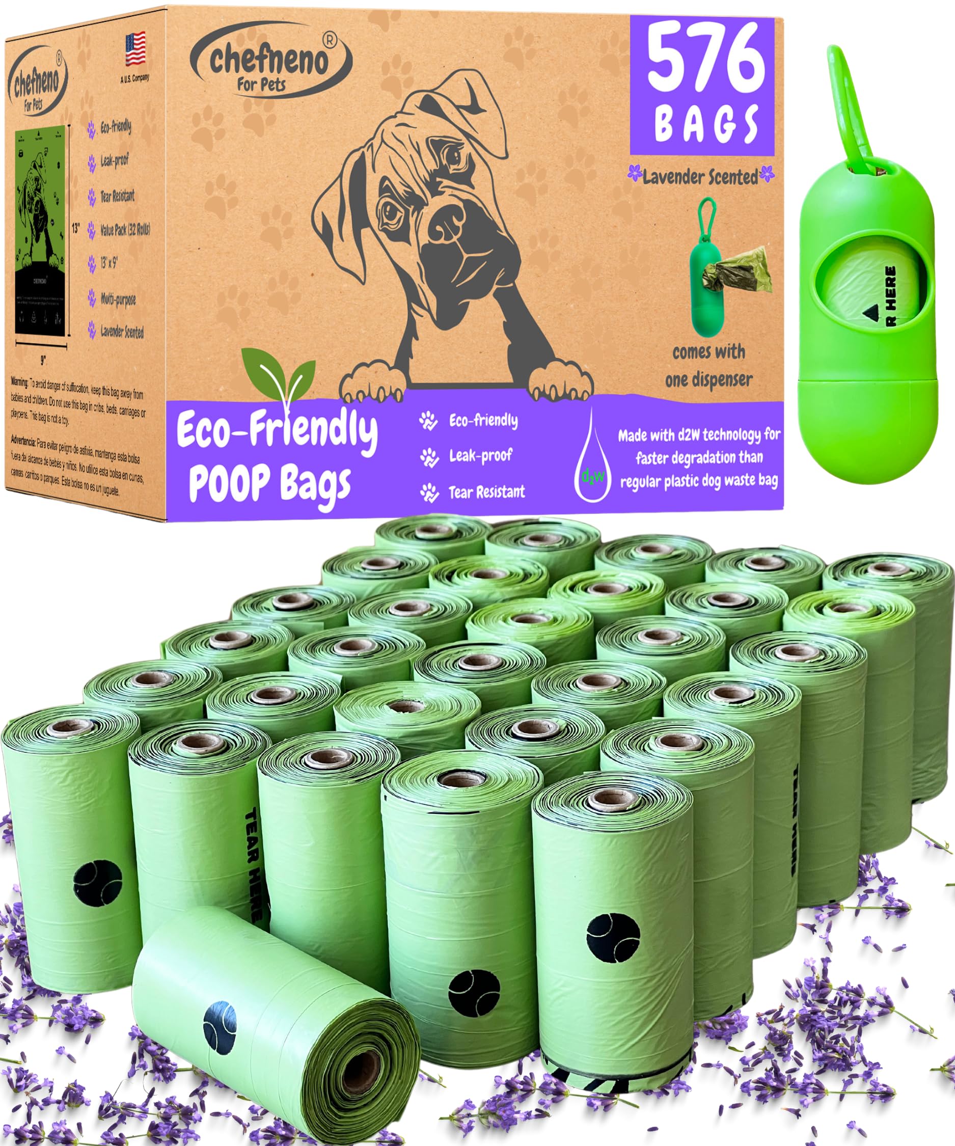 Eco-Friendly Biodegradable Dog Poop Bags with Dispenser - 576 Lavender Scented Waste Bags (32 Rolls, Green) | Pet Waste Cleanup for Dogs & Cats | Perfect for Park Walks, Backyard Cleanup & Travel