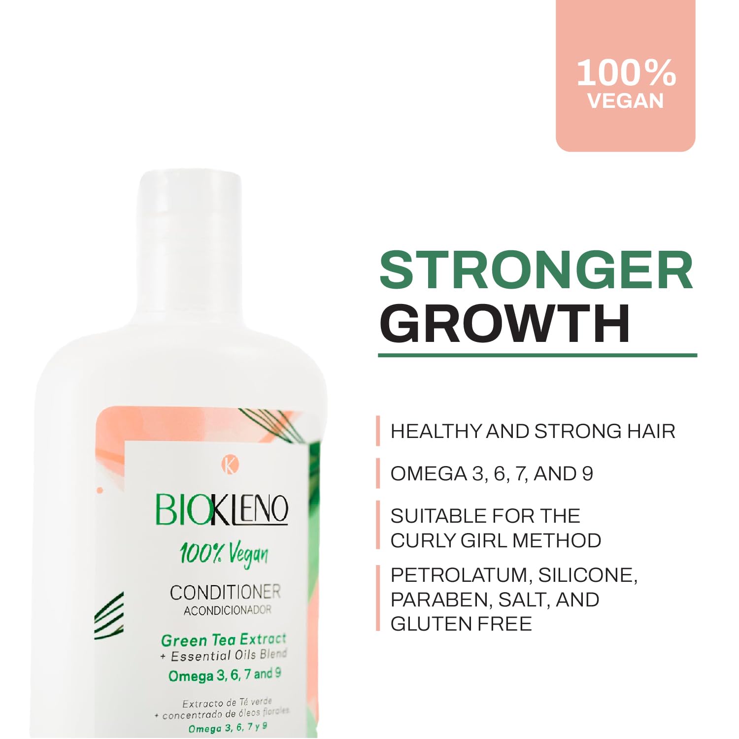 Biokleno Vegan Hair Conditioner with Green Tea Extract & Essential Oils - Omega 3,6,7,9 for Hair Repair & Nourishment - Paraben Free, Gluten Free - 14.2 fl oz - Perfect for Dry, Damaged Hair & Daily Hydration