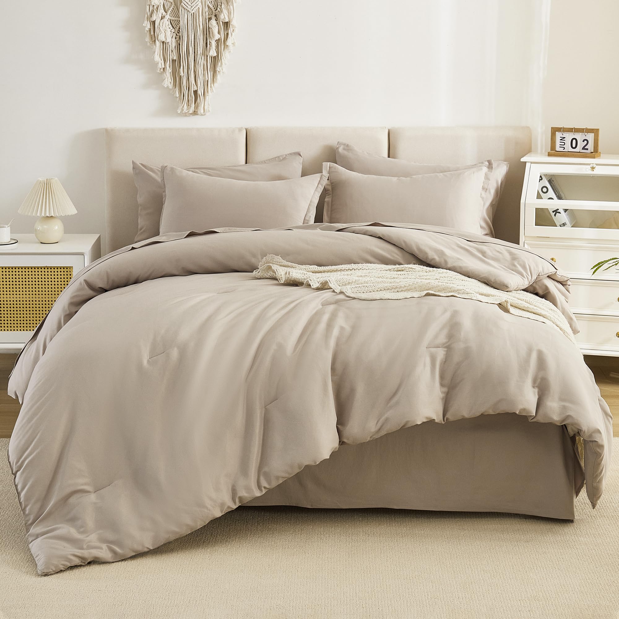 Litanika 7-Piece King Size Comforter Set in Oatmeal - Lightweight Bedding Set Includes Comforter, Sheets, Pillowcases & Shams | Perfect for Master Bedroom, Guest Room & Cozy Home Decor