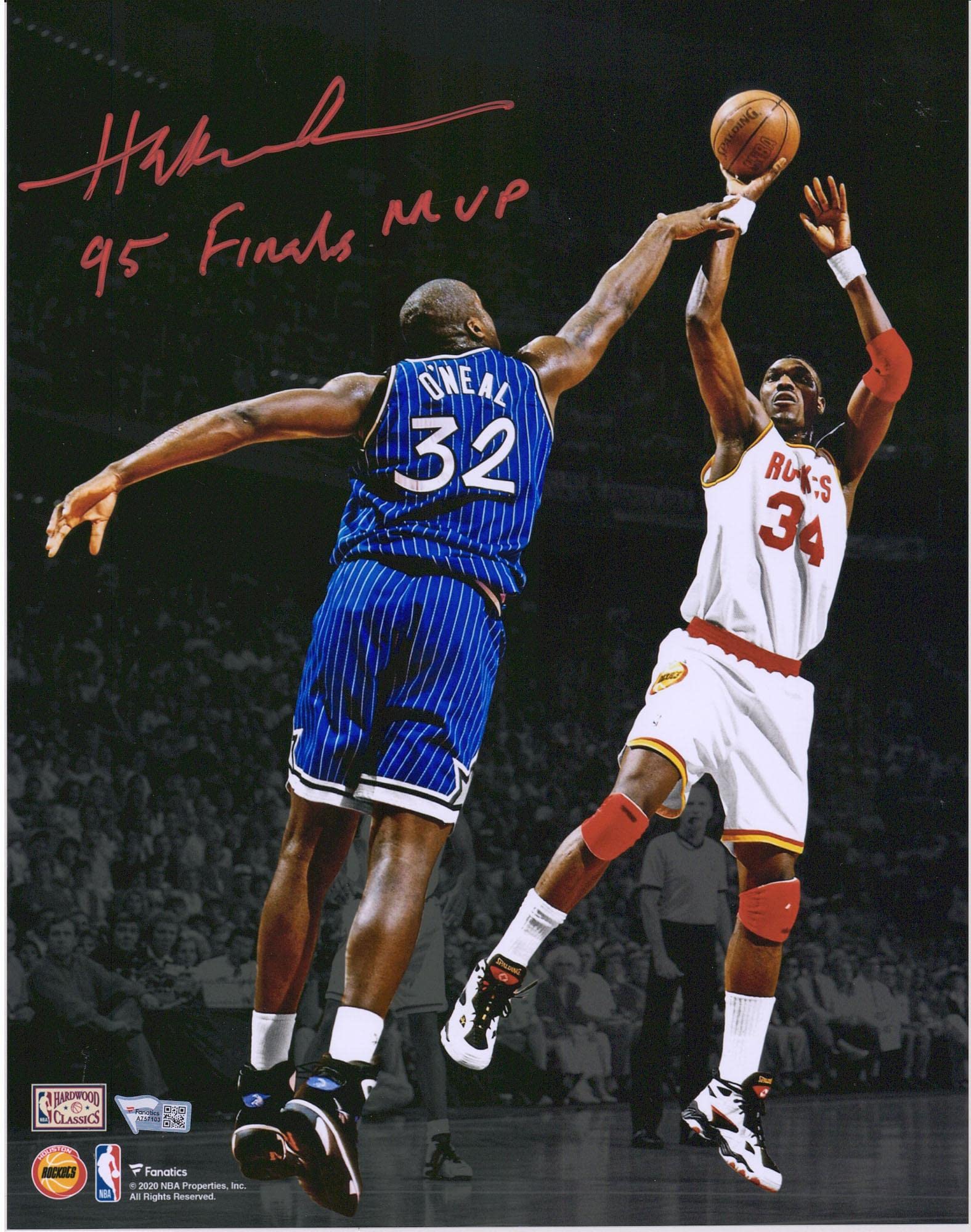 Hakeem Olajuwon Autographed Houston Rockets 11x14 Photo - 1995 NBA Finals MVP Inscription, Dunking Over Shaquille O'Neal | Limited Edition Signed Memorabilia for Sports Collectors & Basketball Fans | Perfect for Man Cave, Game Room, or Office Decor