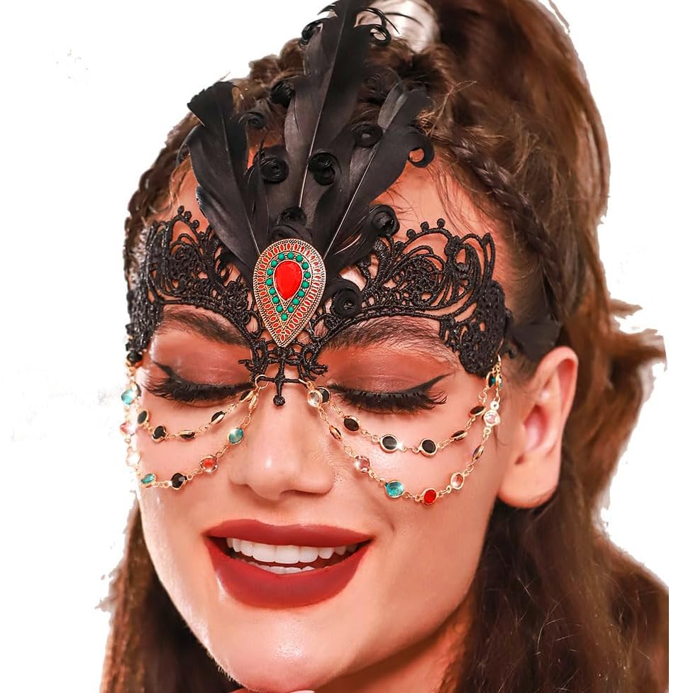 Elegant Rhinestone Masquerade Mask with Crystal & Lace - Feather Costume Mask for Women | Perfect for Mardi Gras, Halloween Parties & Venetian Balls