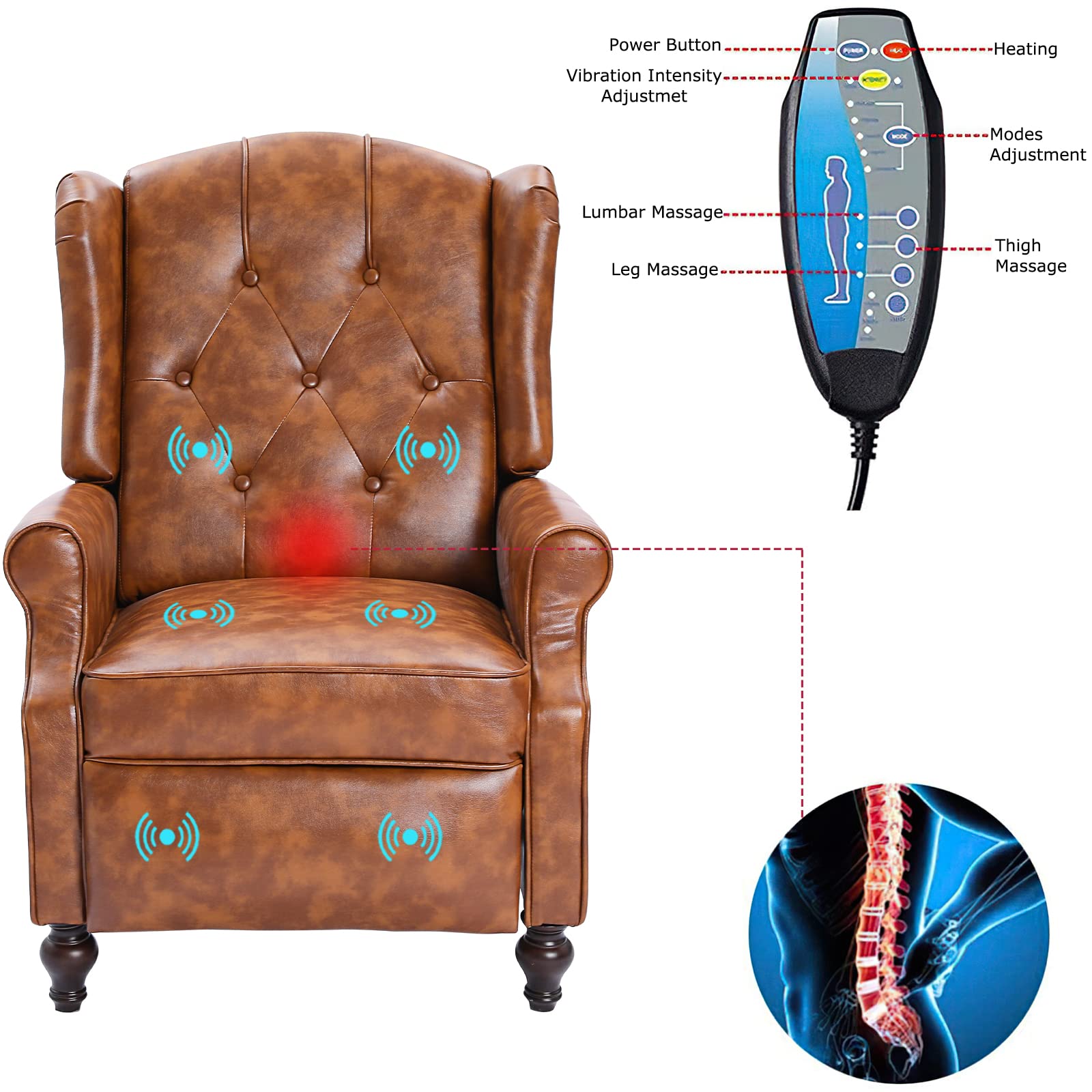 PU Leather Wingback Recliner Chair with Heat & Massage - Home & Office Comfort (Cognac Brown)