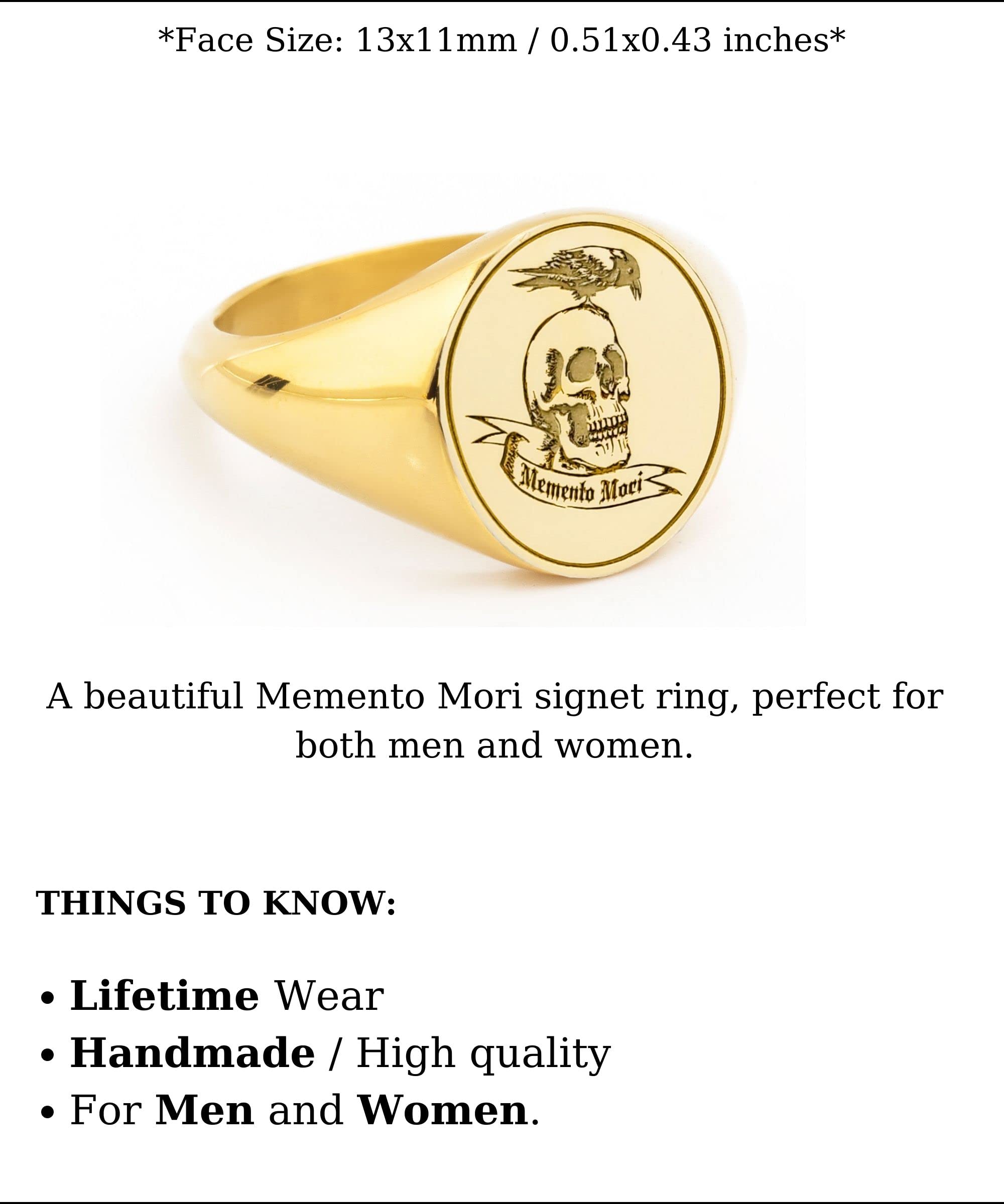 Gold Memento Mori Signet Ring - Engraved Skull Design for Men & Women | Gothic Jewelry, Unique Gift for Halloween, Punk Fashion & Everyday Wear