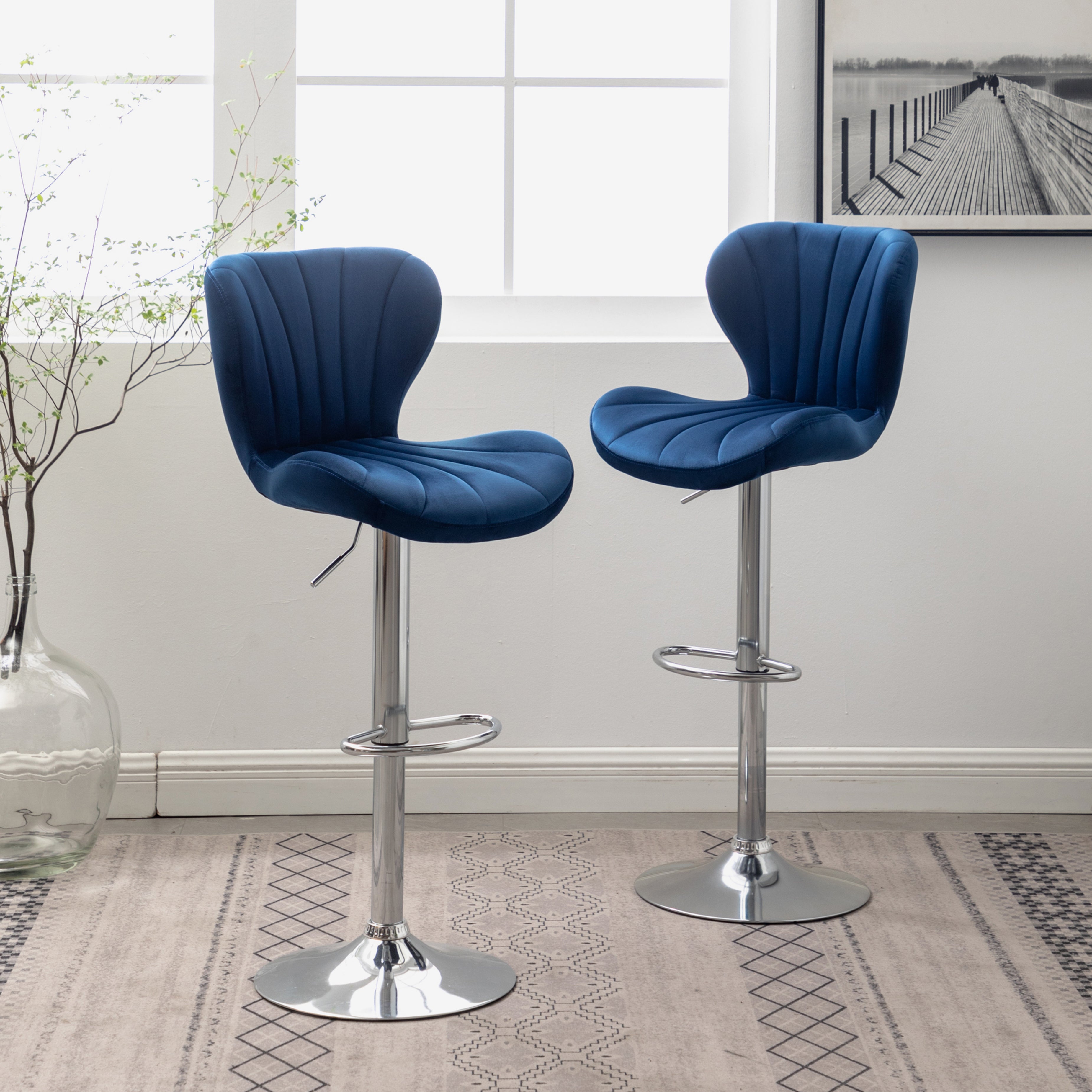 Roundhill Furniture Ellston Blue Upholstered Adjustable Swivel Bar Stools - Set of 2 for Kitchen Island, Breakfast Nook & Home Bar Styling