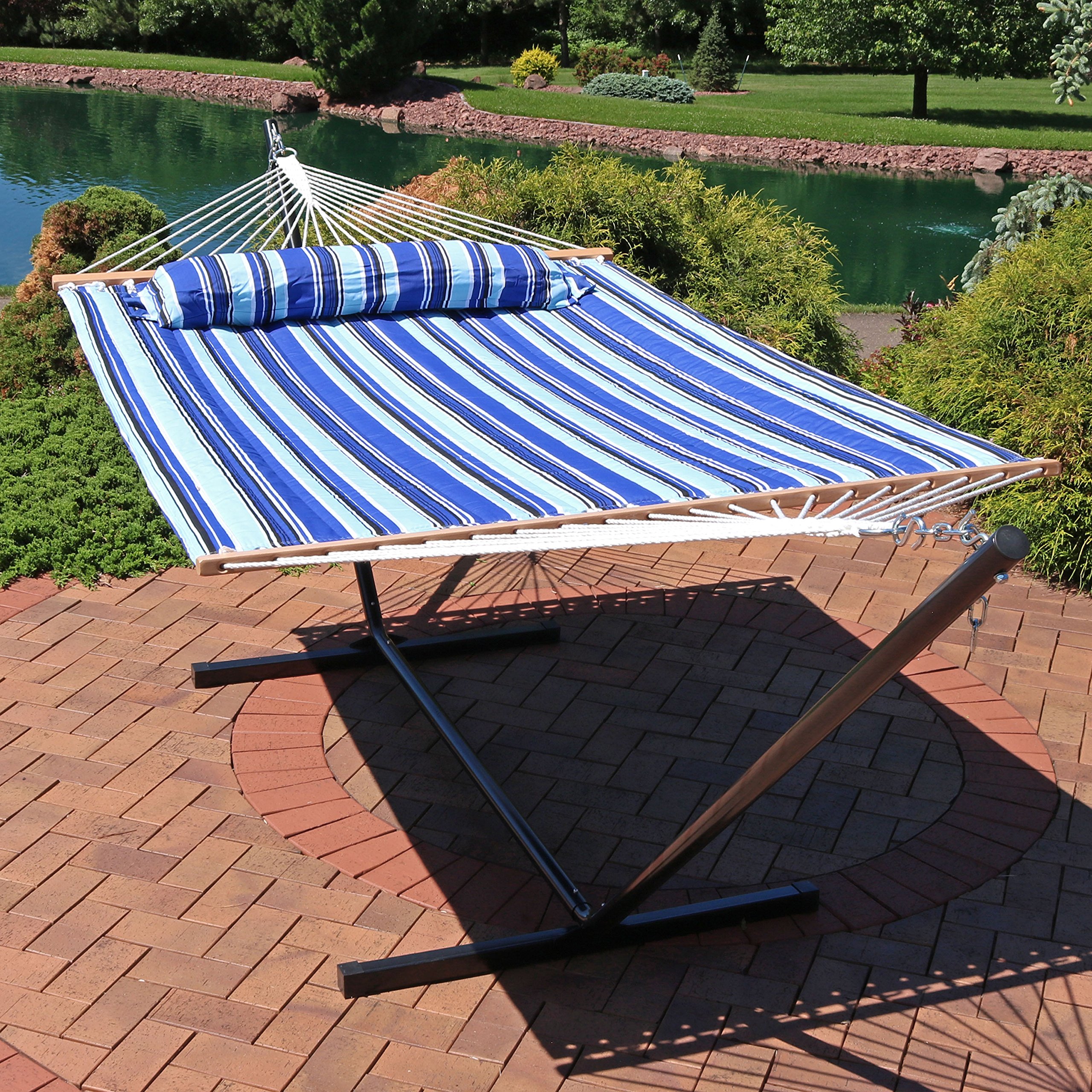 Premium Sunnydaze Quilted Double Hammock with 12-Foot Steel Stand - 350 lb Capacity for 2 Persons - Perfect for Backyard, Beach, Camping & Outdoor Relaxation - Catalina Beach Design