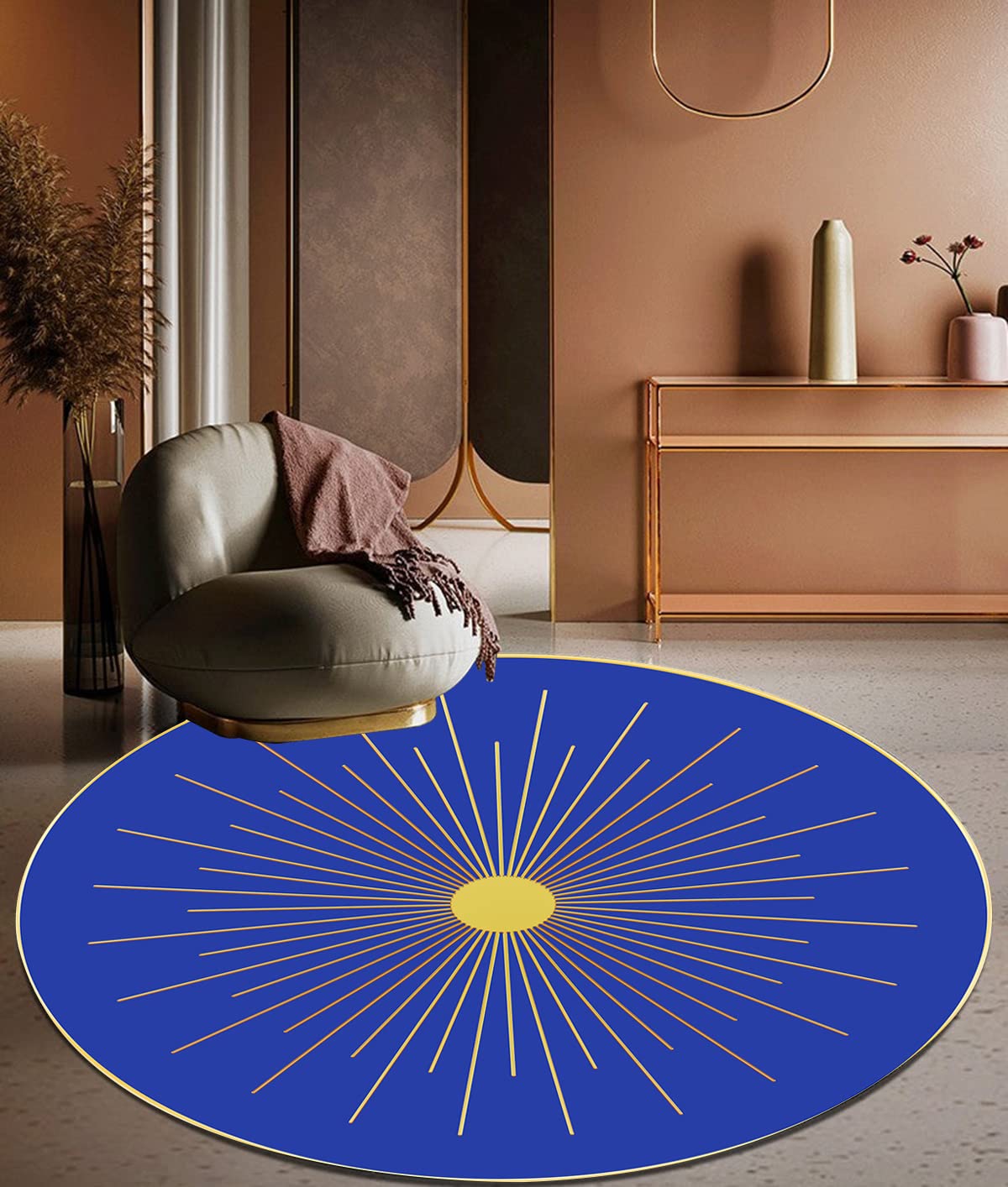 Royal Blue Burst Striped Round Area Rug with Gold Border - Modern Abstract Washable Carpet for Living Room, Dining Room, Nursery, Bedroom & Kitchen | Soft Shaggy Durable 5ft Runner Rug for Home Decor & Under Deck Use