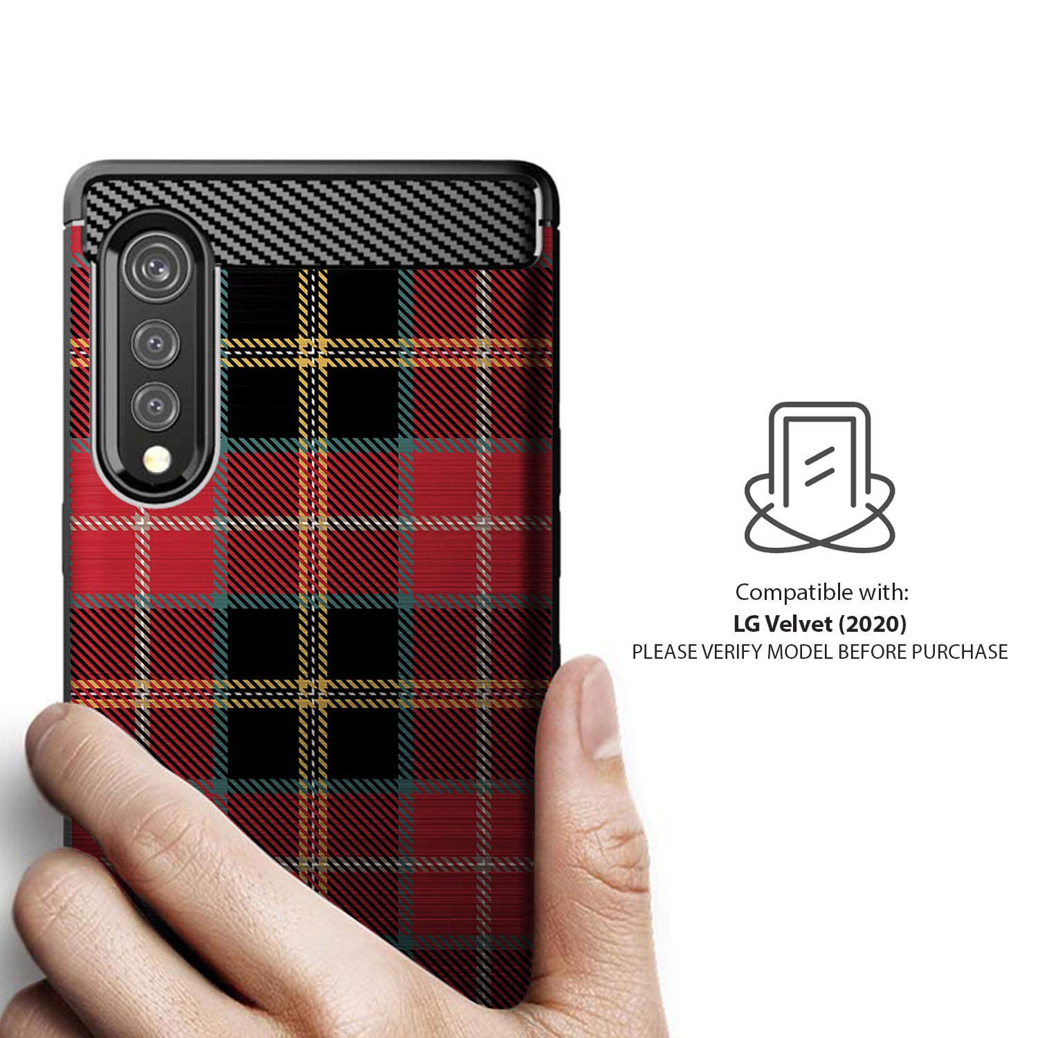 LG Velvet / LG Velvet 5G Phone Case - Slim Black Shockproof TPU Cover with Red Plaid Design | Flexible Protective Case for Everyday Use, Work & Travel