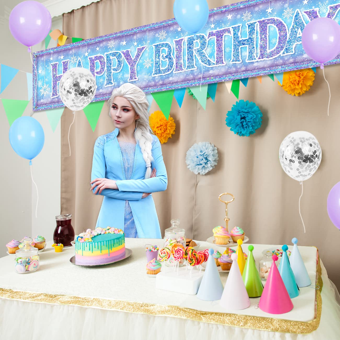 Large Christmas Snowflake Happy Birthday Banner - 18-Piece Snowflake Balloon Set with Elsa & Anna Princess Theme for Girls Birthday Party Decorations, Backdrop, Yard Sign - Perfect for Frozen-Themed Parties, Winter Celebrations & Holiday Events