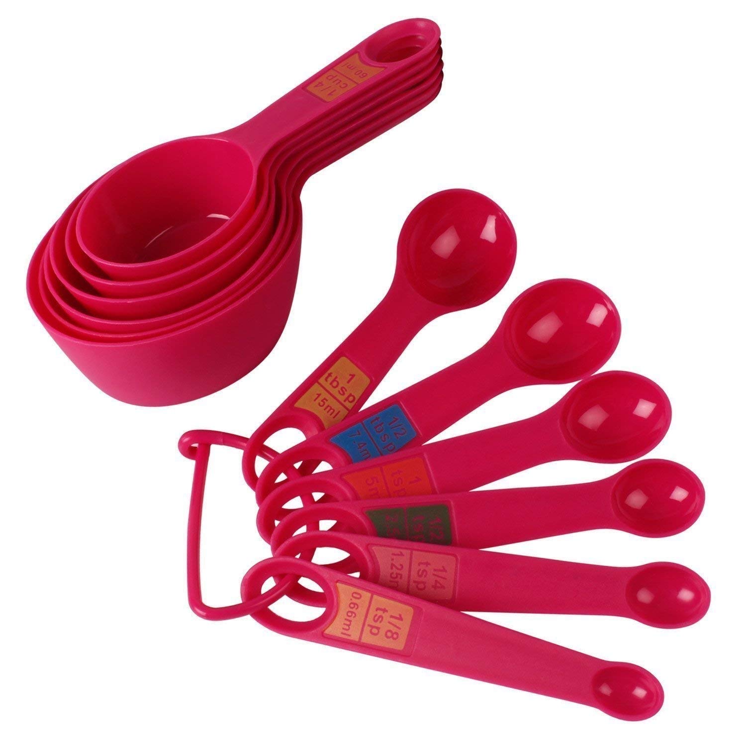 THW® 12-Piece Plastic Measuring Cups and Spoons Set with Ring Holder - Pink | Baking, Cooking & Kitchen Essentials for Accurate Measurements