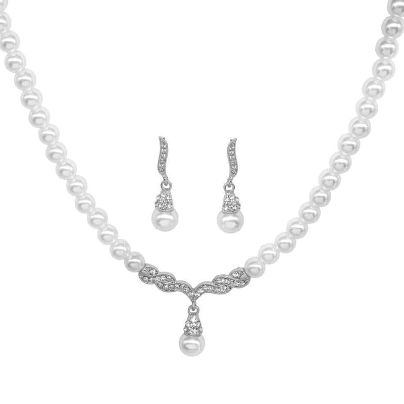 Vintage Inspired Silver Pearl Bridal Jewelry Set - Elegant Wedding Necklace & Earrings for Bride, Bridesmaid, and Special Occasions