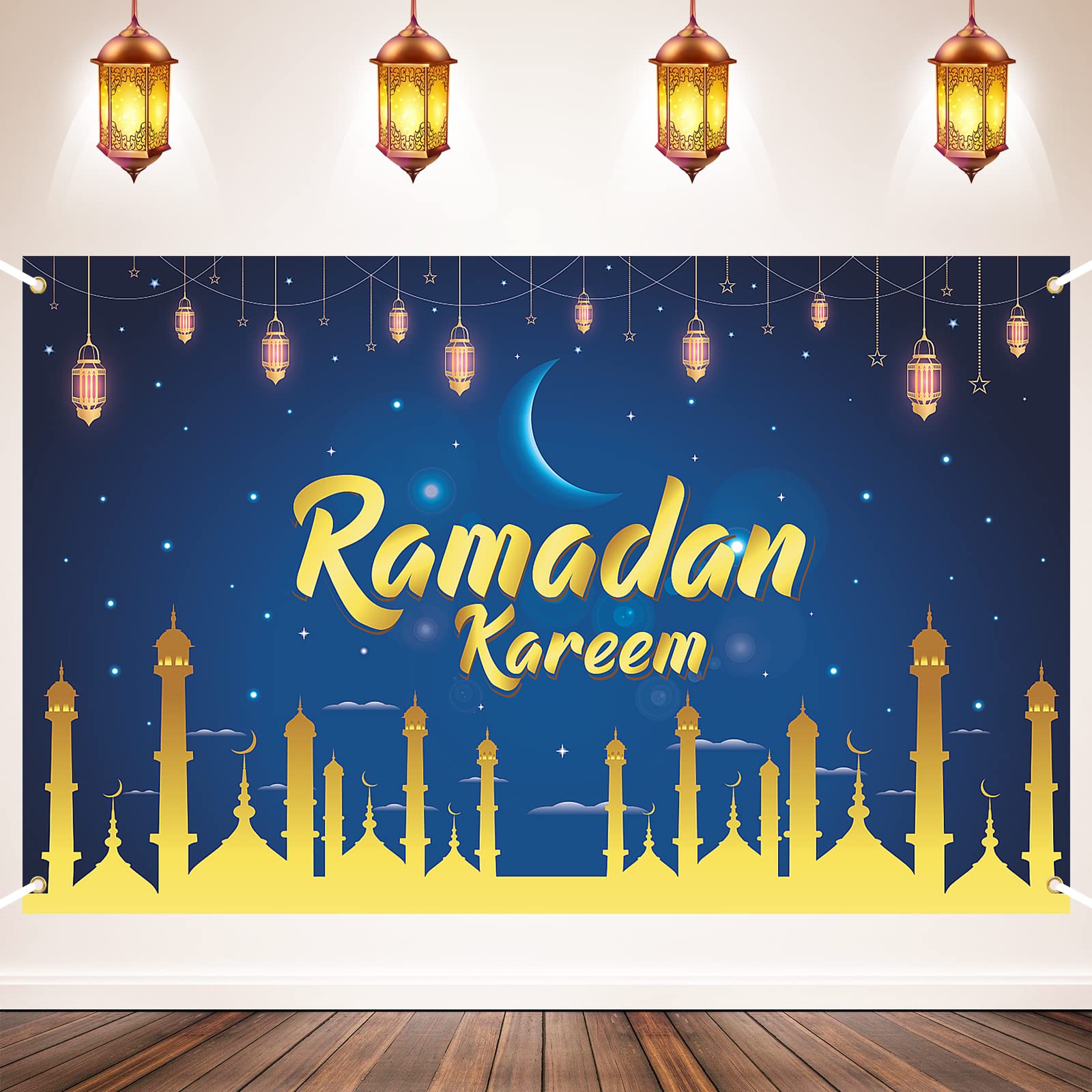 Ramadan Mubarak Decorations Backdrop - Blue Islamic Holiday Banner 72.8 x 43.3 Inch - Ramadan Kareem Home Decor for Wall, Door & Party - Perfect for Mosque, Family Gatherings & Photo Booth Backgrounds