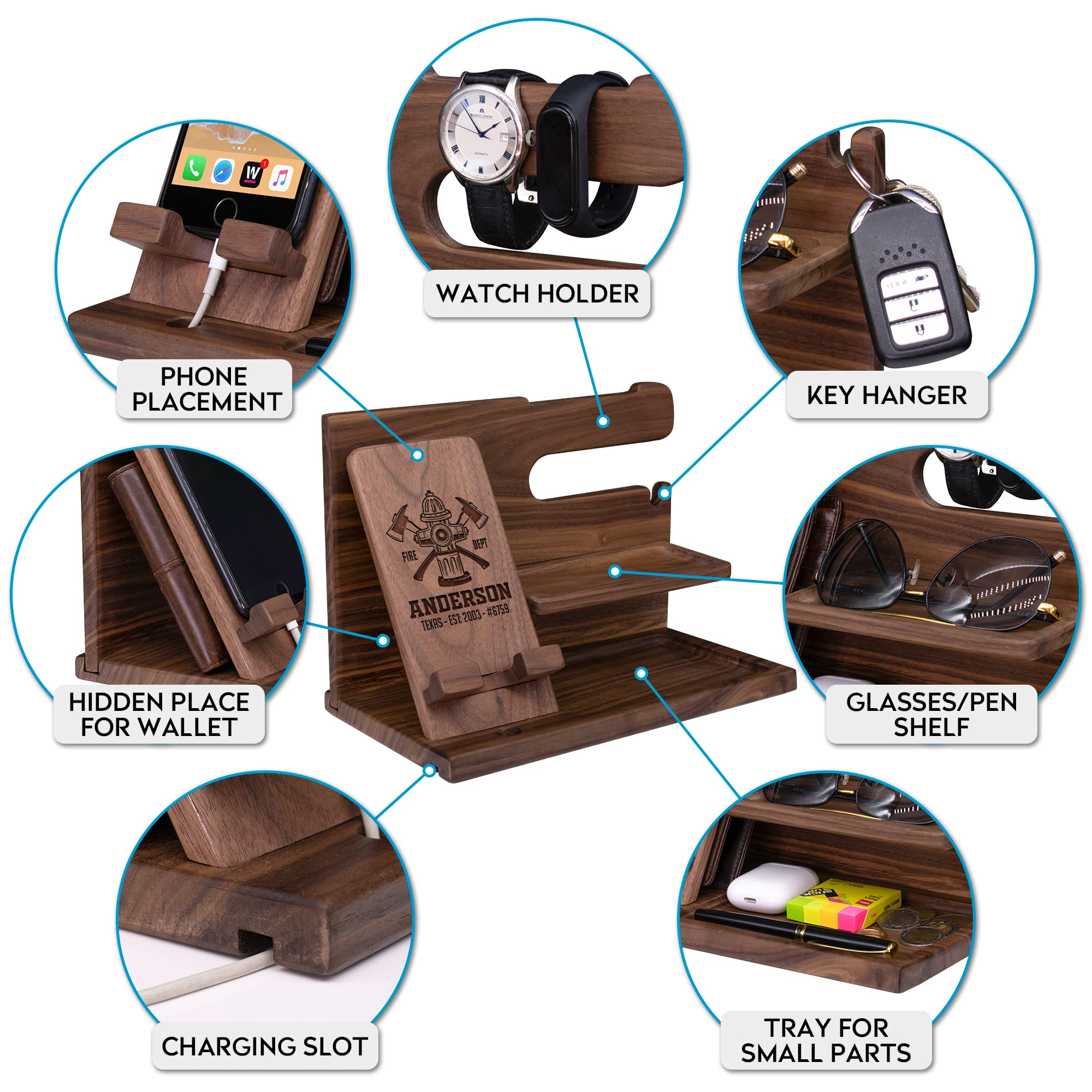 Personalized Firefighter Gifts for Men - Wooden Phone Dock & Nightstand Organizer with Key Holder, Wallet Stand, Watch Tray - Unique Birthday & Anniversary Gifts for Fireman, Dad, Husband - Perfect for Home, Office & Fire Station Organization