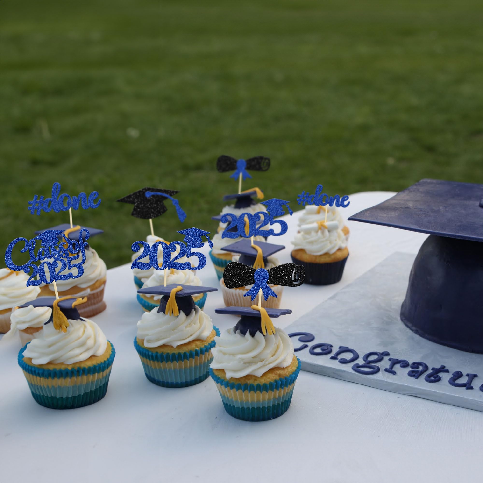 30Pcs Blue Glitter 2025 Graduation Cupcake Toppers - Class of 2025 Grad Cap & Diploma Cake Decorations - Perfect for Graduation Party, School Celebration & Dessert Table Decor