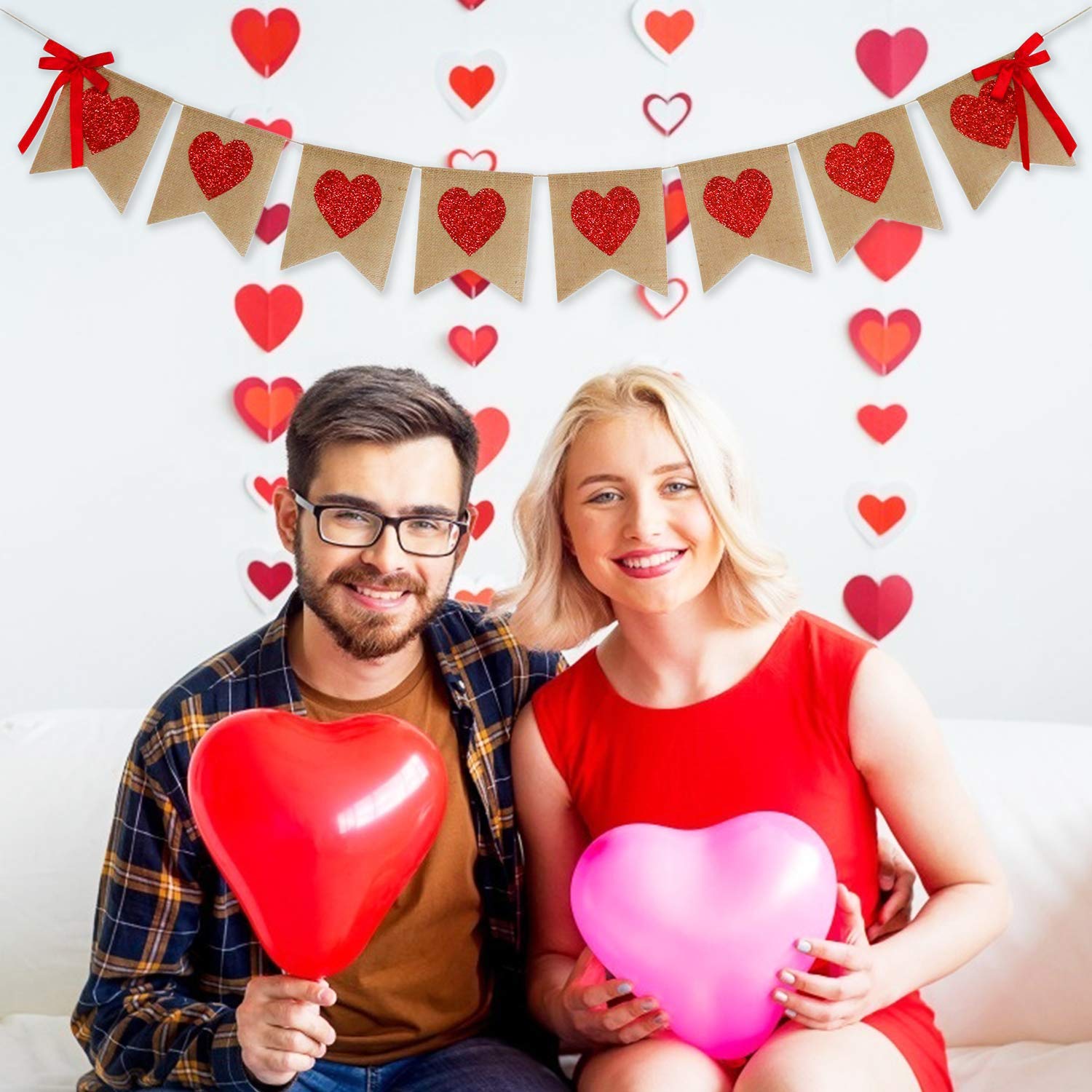 Red Glitter Heart Burlap Garland - Valentine's Day Rustic Decor for Weddings, Anniversaries & Birthday Parties | Romantic Home and Party Decoration Supplies