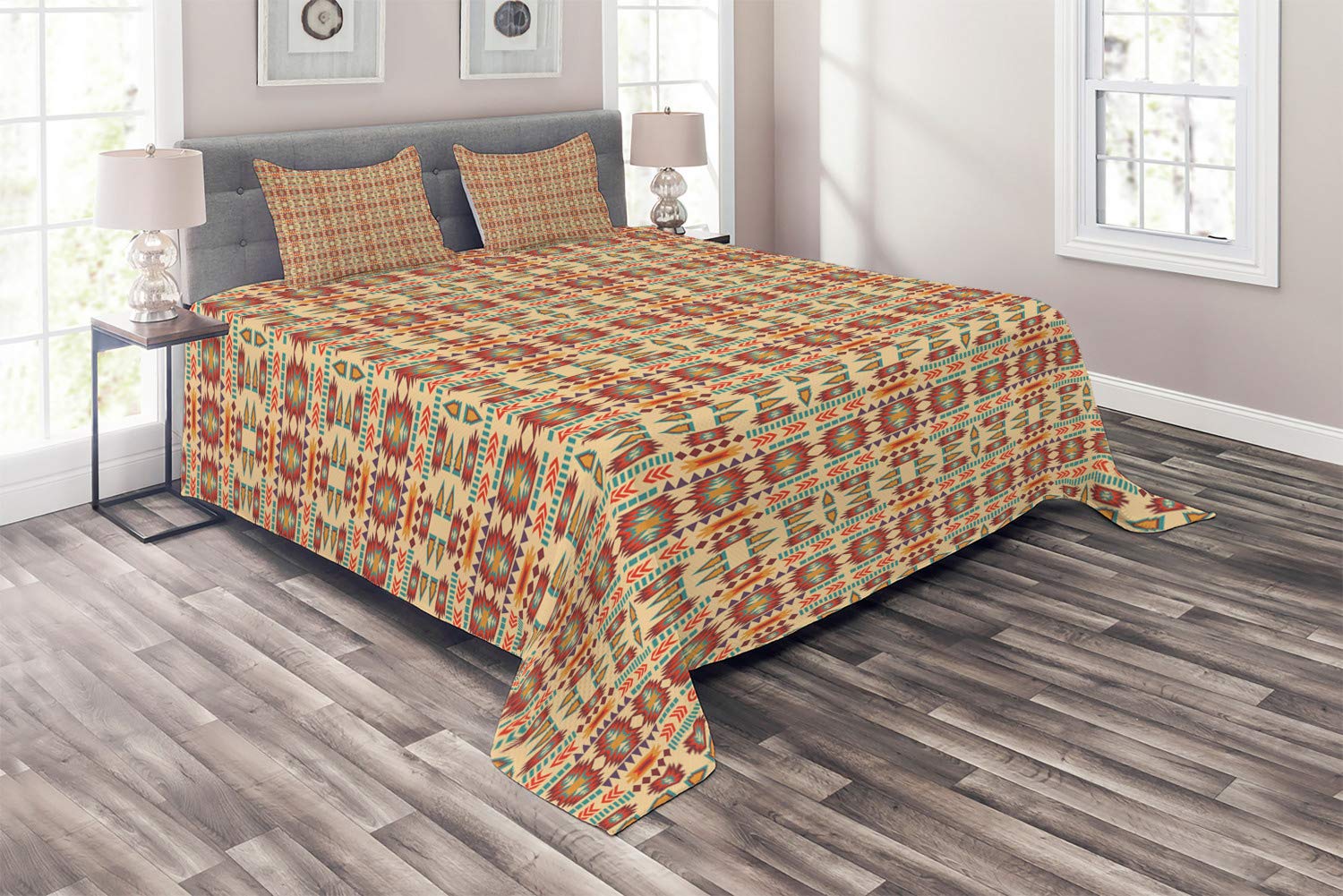 Ambesonne Tribal King Size 3-Piece Quilted Bedspread Set with 2 Pillow Shams - Colorful Geometric Pattern in Pale Peach & Multicolor - Traditional Themed Bedding for Master Bedroom, Guest Room & Bohemian Decor