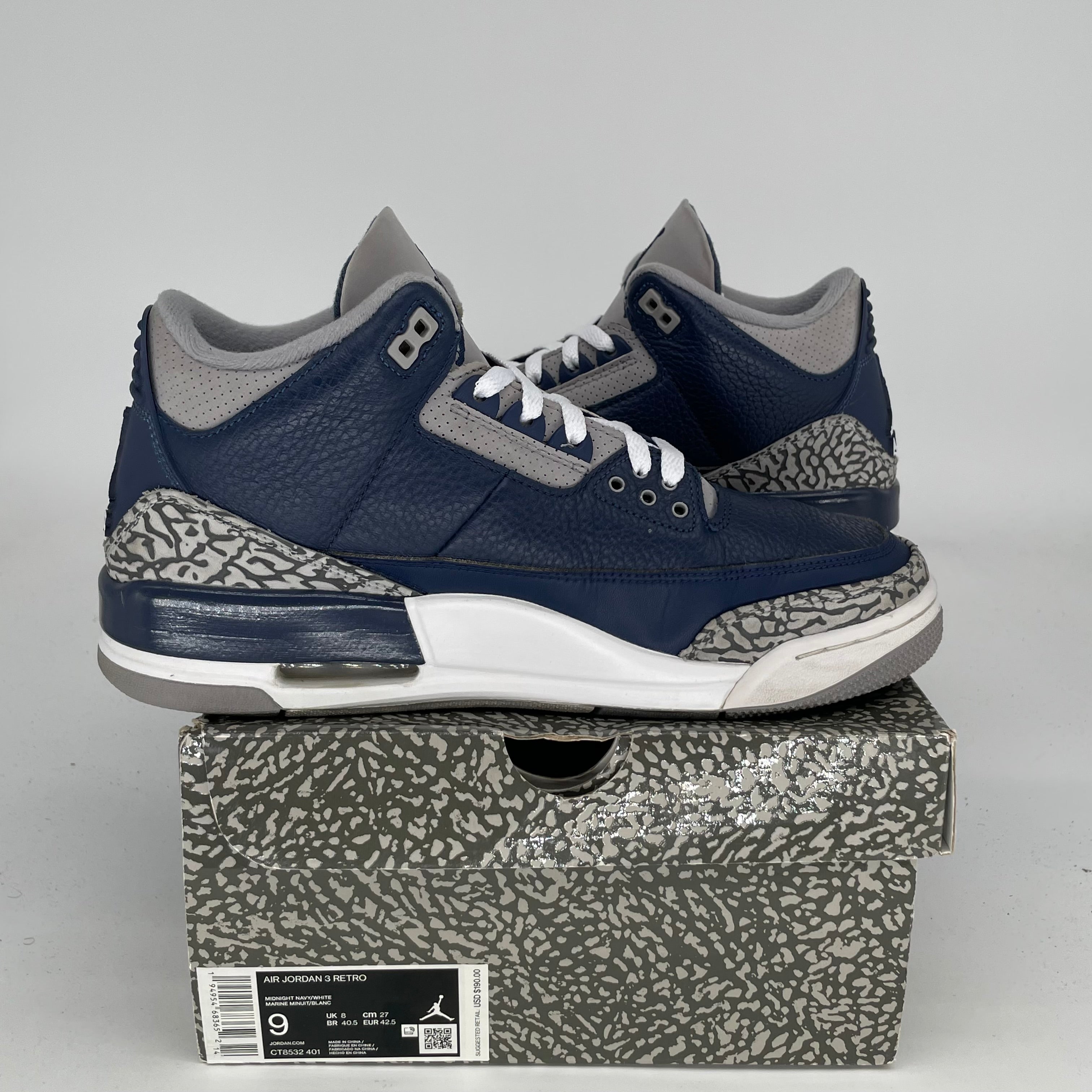 Original Air Jordan 3 Retro 'Georgetown' Men's Basketball Shoes Size 9 - CT8532-401 | Classic Sneakers for Streetwear, Basketball & Casual Outfits