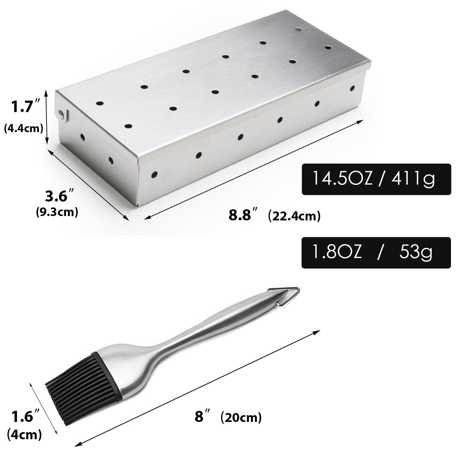 Premium Stainless Steel Smoker Box for Gas & Charcoal Grills - Heavy Duty BBQ Wood Chips Smoker Box with Free Basting Brush - Perfect for Backyard Grilling, Camping & Outdoor Barbecue Parties