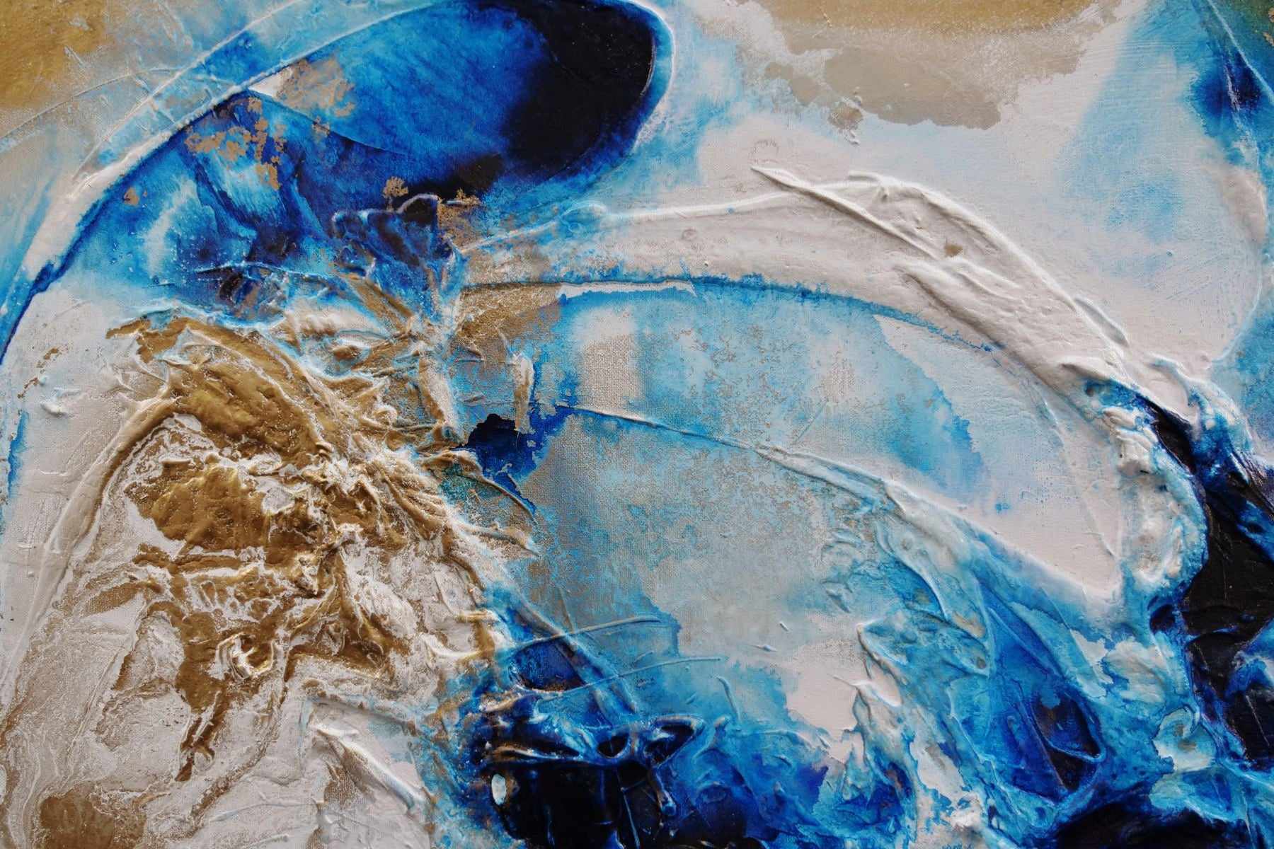 120cm x 150cm White Blue Gold Textured Abstract Canvas Painting - Modern Ice Gold Wall Art for Living Room, Bedroom & Office Decor