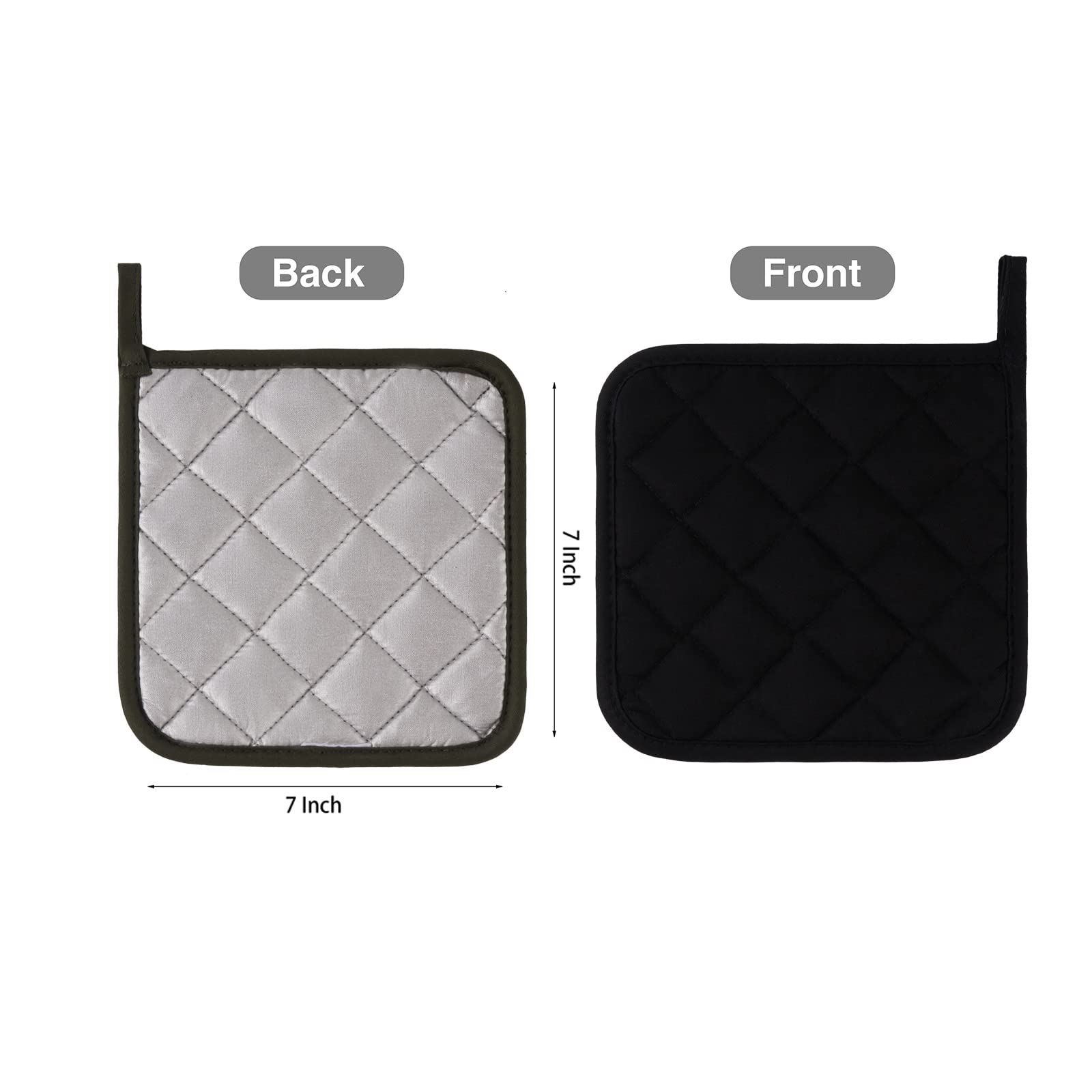 Heat Resistant Kitchen Pot Holders Set - 6 Pack Cotton Potholders & Trivets (7x7 Inch) - Oven Mitts for Cooking, Baking, Grilling - Black Terry Cloth Hot Pads for Everyday Kitchen Use