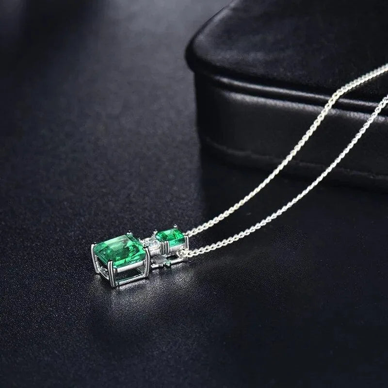 18K White Gold Princess Cut Emerald Pendant with Natural Diamonds - Elegant Women's Jewelry Gift for Anniversary, Birthday & Special Occasions