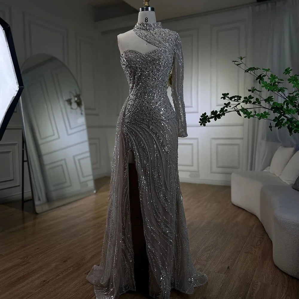 Elegant White Arabic Mermaid Evening Gown with Beaded One-Shoulder Design - Luxury Party Dress for Women 2025 | Perfect for Prom, Gala & Formal Events - LA72196