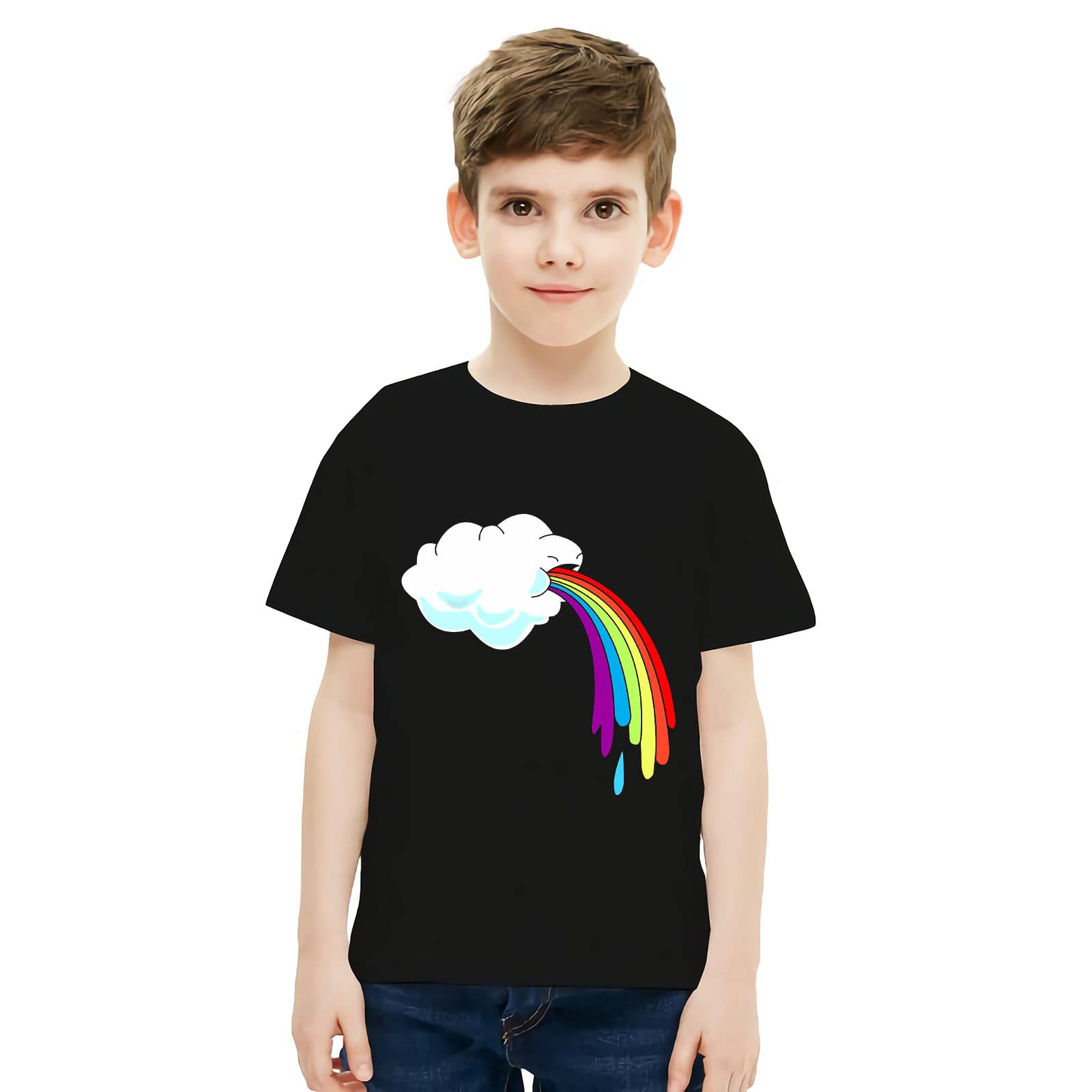 White Cloud Rainbow Print Boys T-Shirt | Short Sleeve Cotton Tee for Kids 5T-10T | Fun Playdate & Birthday Party Outfit