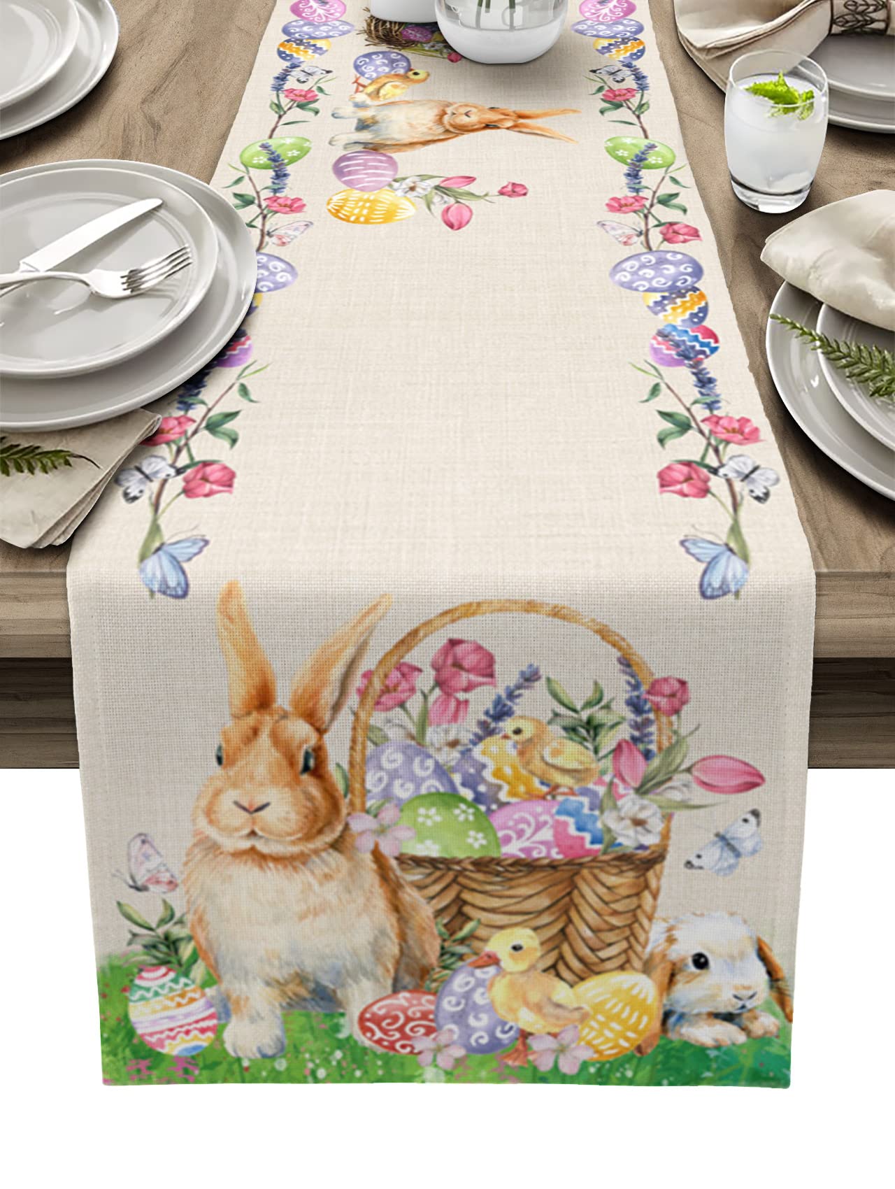 Easter Table Runner 13x108 Inch Farmhouse Linen Kitchen Dining Tablecloth - Bunny Rabbit Colorful Eggs Watercolor Spring Flowers Tulip Design for Spring Party, Holiday Table Setting, Home Decor (Perfect for Easter Brunch, Dinner Parties & Seasonal Home Decoration)