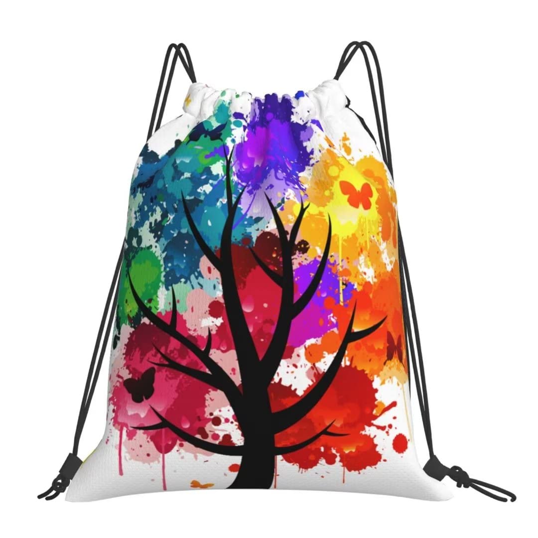 Colorful Watercolor Tree Drawstring Backpack - Abstract Nature Design with Butterflies & Leaves - Lightweight Gym Sack for Women, Men & Kids - Perfect for Travel, Shopping, Yoga & Sports - Durable Reusable Bag for School, Beach & Outdoor Activities