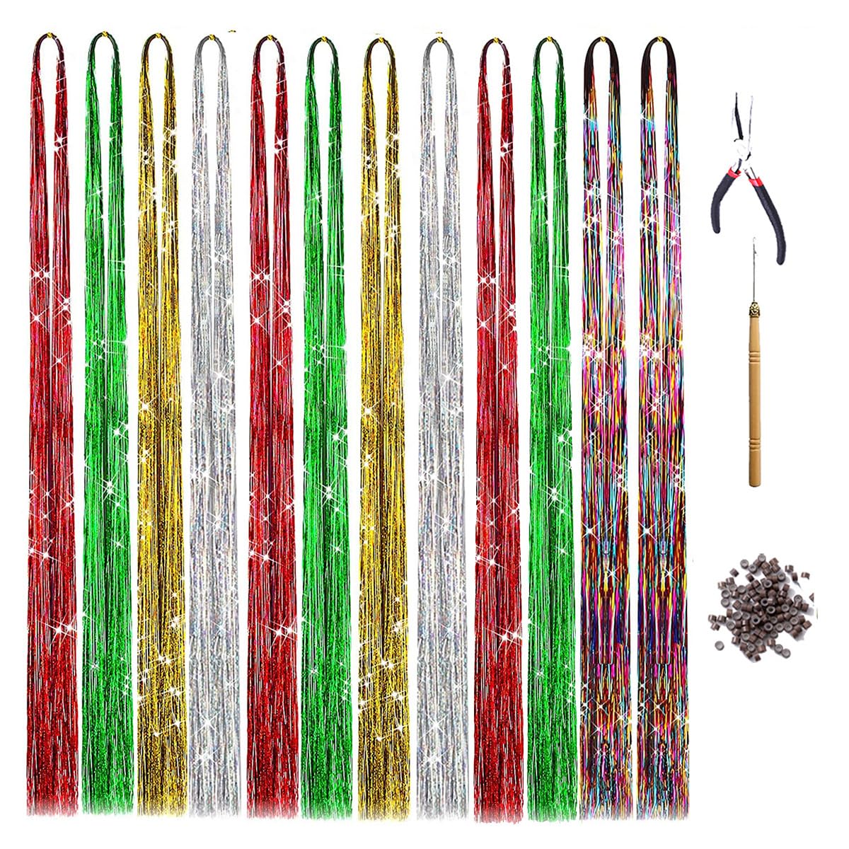 Christmas Hair Tinsel Kit - Heat Resistant Glitter Hair Extensions with Beads & Tools (Red, Green, Silver, Gold) for Women, Girls & Kids - Perfect for Christmas Hair Accessories, Halloween Parties & Festive Celebrations