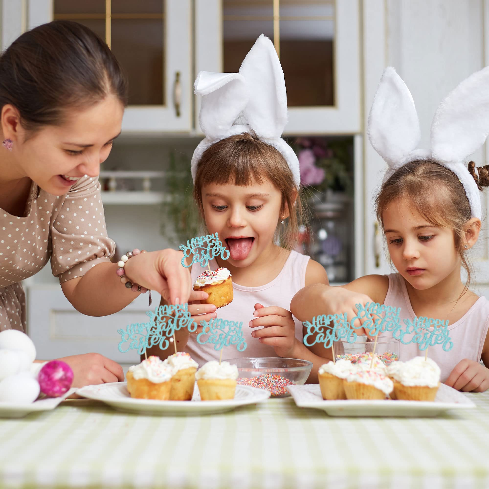 24Pcs Blue Glitter Easter Bunny Ear Cupcake Toppers - Happy Easter Decorations for Cupcakes, Baby Showers, Kids Birthday Parties & Spring Celebrations (Perfect for Easter Desserts, Holiday Baking & Festive Party Decor)