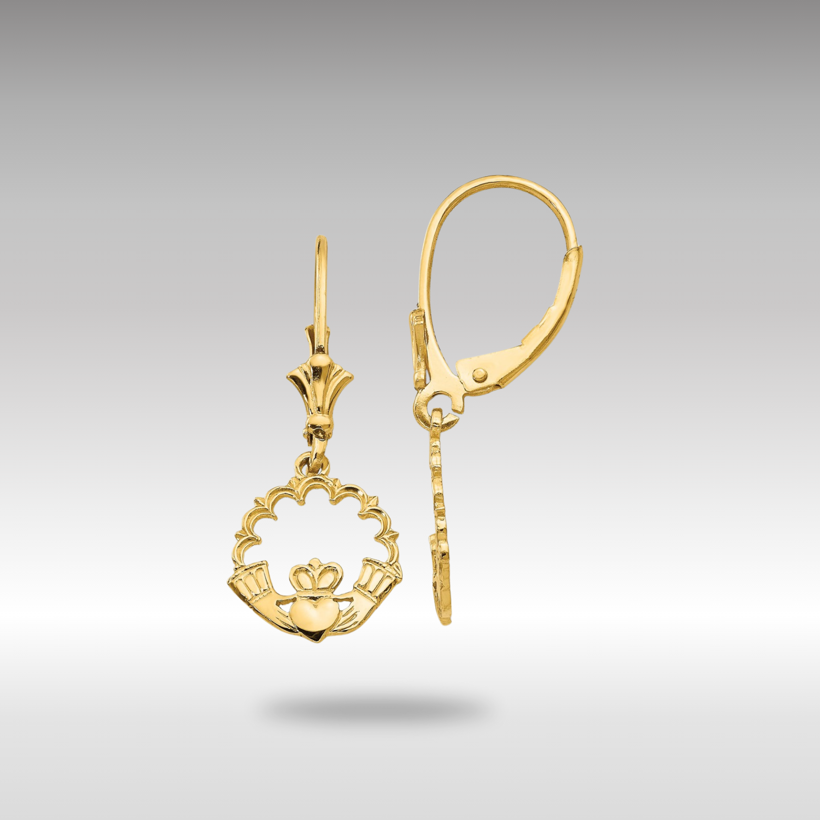 Gold Claddagh Circle Leverback Earrings Model K4525 - Irish Symbol Jewelry for Women, Perfect for Weddings, Anniversaries & St. Patrick's Day Gifts