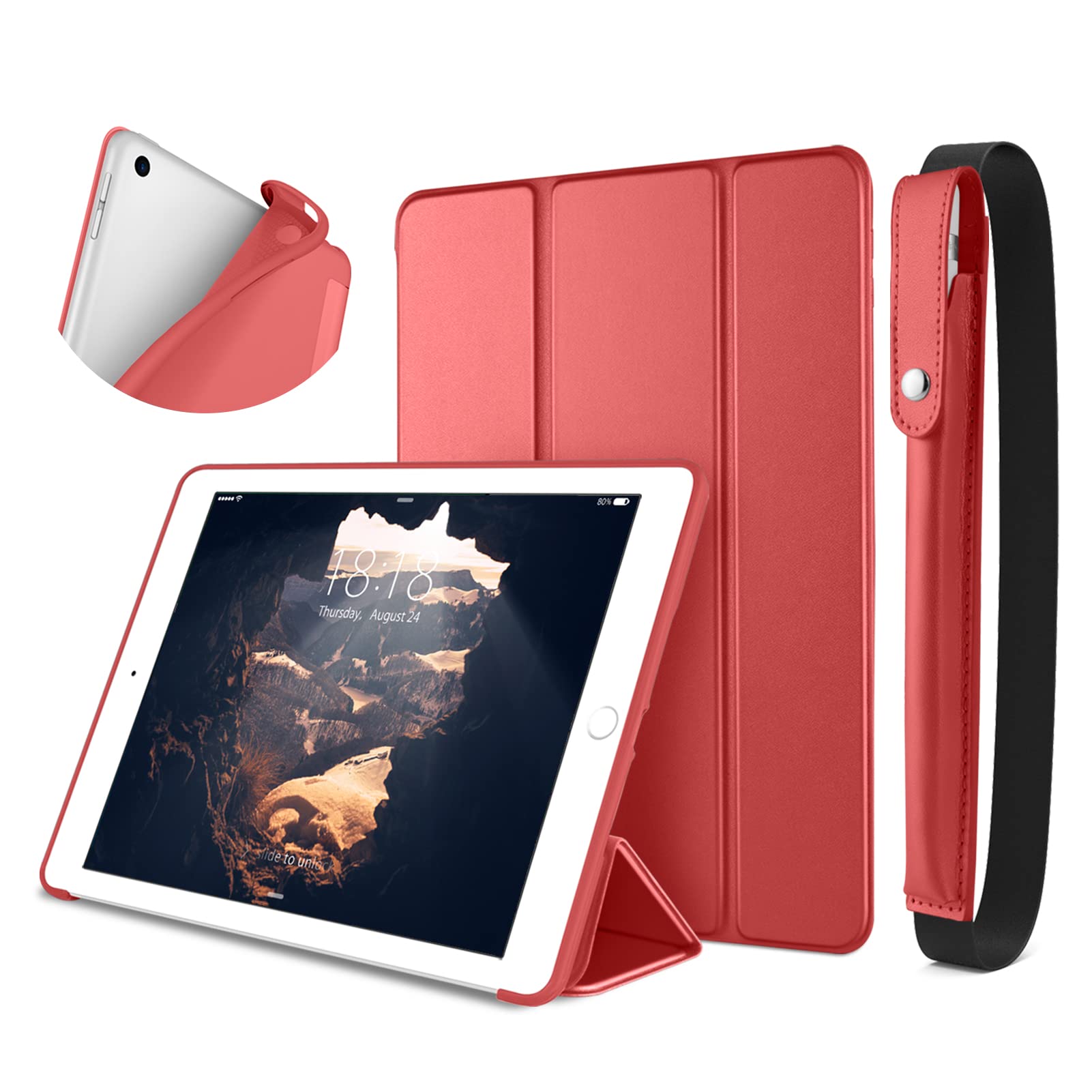 DTTO Ultra Slim Smart Case for iPad 9.7 Inch (5th/6th Generation 2017/2018) with Apple Pencil Holder & Auto Sleep/Wake - Trifold Stand & Soft TPU Back Cover - Apple Red - Perfect for Work, School & Travel