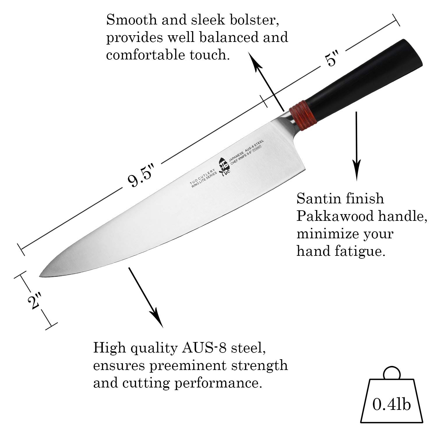 TUO Professional 9.5 Inch Japanese Gyuto Chef Knife - Razor Sharp AUS-8 Stainless Steel Kitchen Knife for Slicing, Dicing Vegetables, Fruits & Meat - Ergonomic Handle with Gift Box (Ring Lite Series) - Perfect for Home Chefs, Professional Kitchens & Cooking Enthusiasts