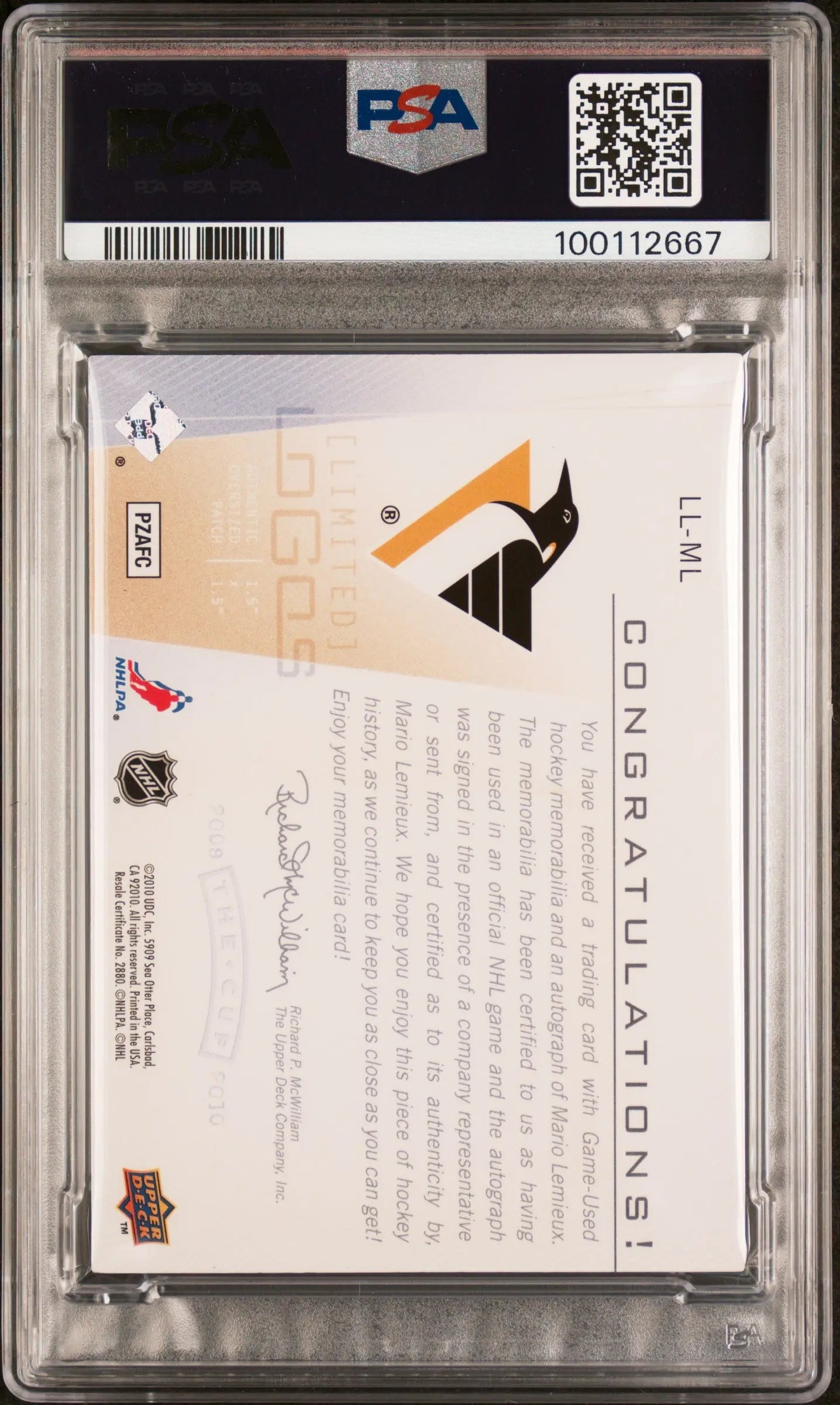 2009 Upper Deck The Cup Limited Logos Autographs Mario Lemieux PSA Authentic /50 - Rare Hockey Collectible for Display & Investment
