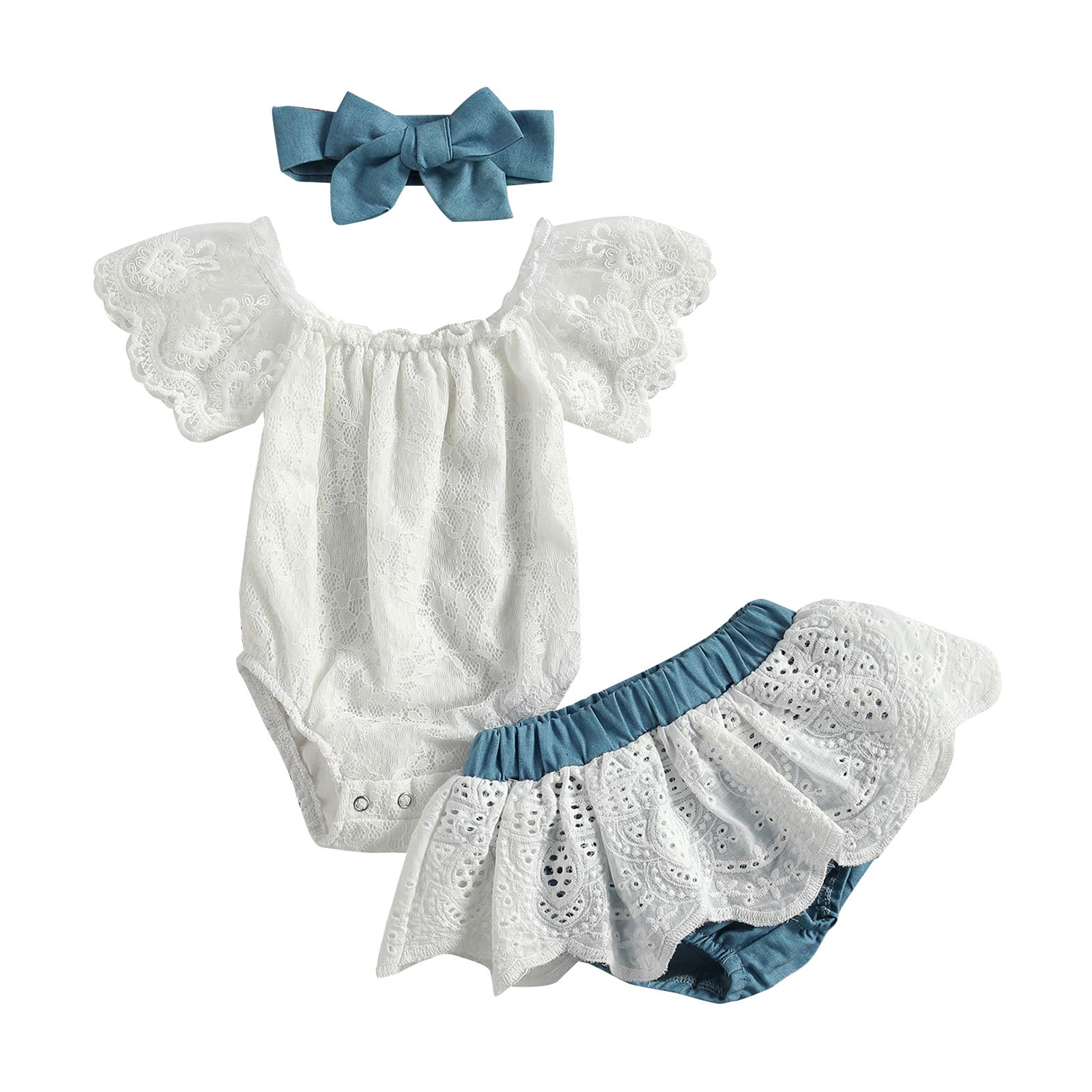 Newborn Baby Girls Lace Off-Shoulder Romper Top & Denim Shorts with Tutu Skirt & Headband - Cute Summer Outfit Set for Photoshoots, Parties & Special Occasions
